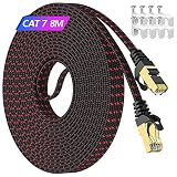 Cable Ethernet plano de nailon trenzado Cat 7 plano con tecnología ultrafina, evita enredos de cables y ahorra espacio, permite una instalación más limpia, pasa a lo largo de las paredes siguiendo los bordes y esquinas o deslizando una alfombra fácil y sin problemas. Este cable tiene una atractiva trenza tejida sobre una cubierta de PVC con conectores RJ45 con acabado dorado, garantiza una durabilidad y flexibilidad extremas, resistencia al calor, antifricción y anticorrosión. Protege el cable Cat 7 de rasguños, cortes y torceduras.