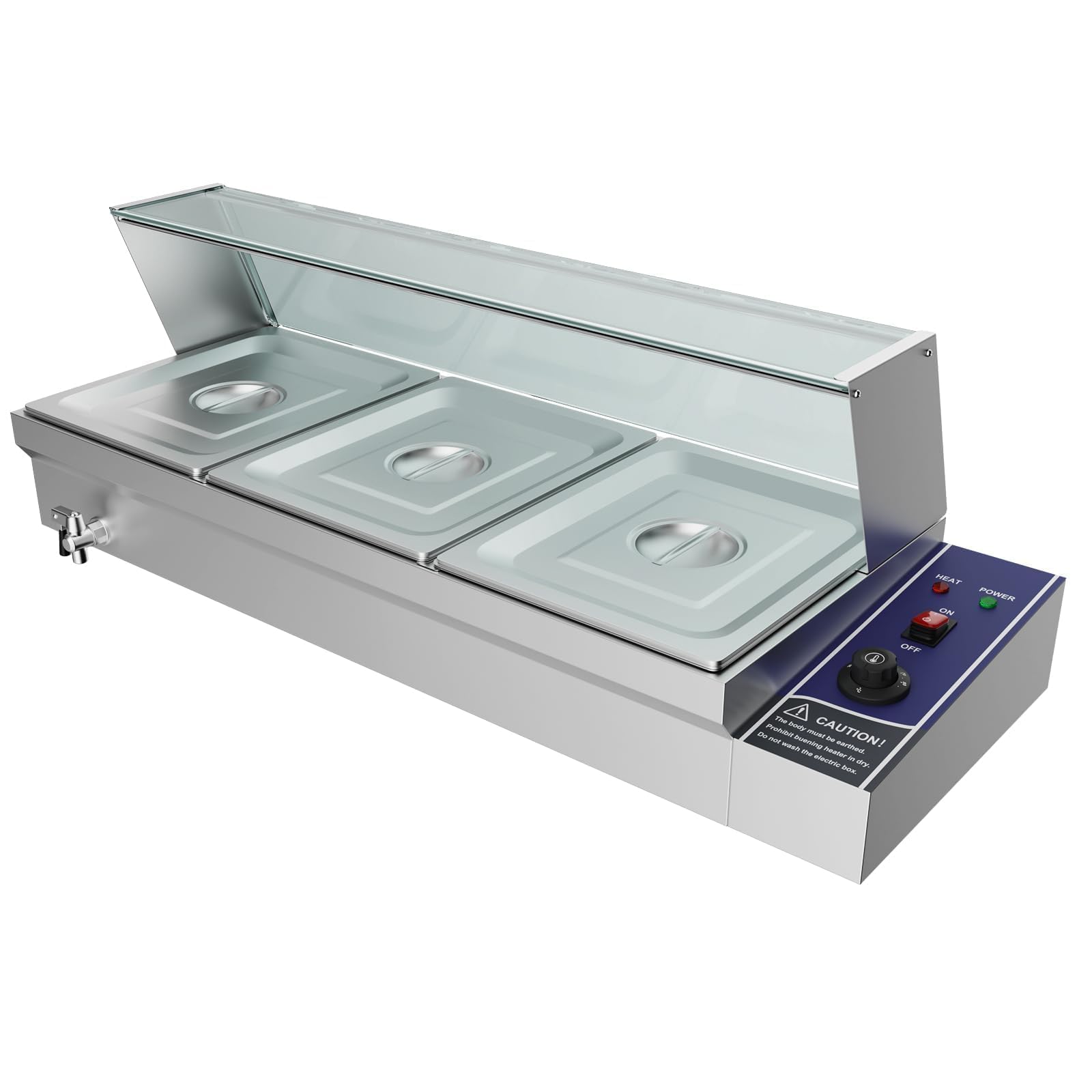 TAIMIKO Bain Marie Electric Food Warmer 1500W Commercial Stainless Steel Buffet Wet Well Sauce Drain Tap Gastronorm Container Catering Restaurants 30-85°C (3 x1/2 GN Pans,With Glass)