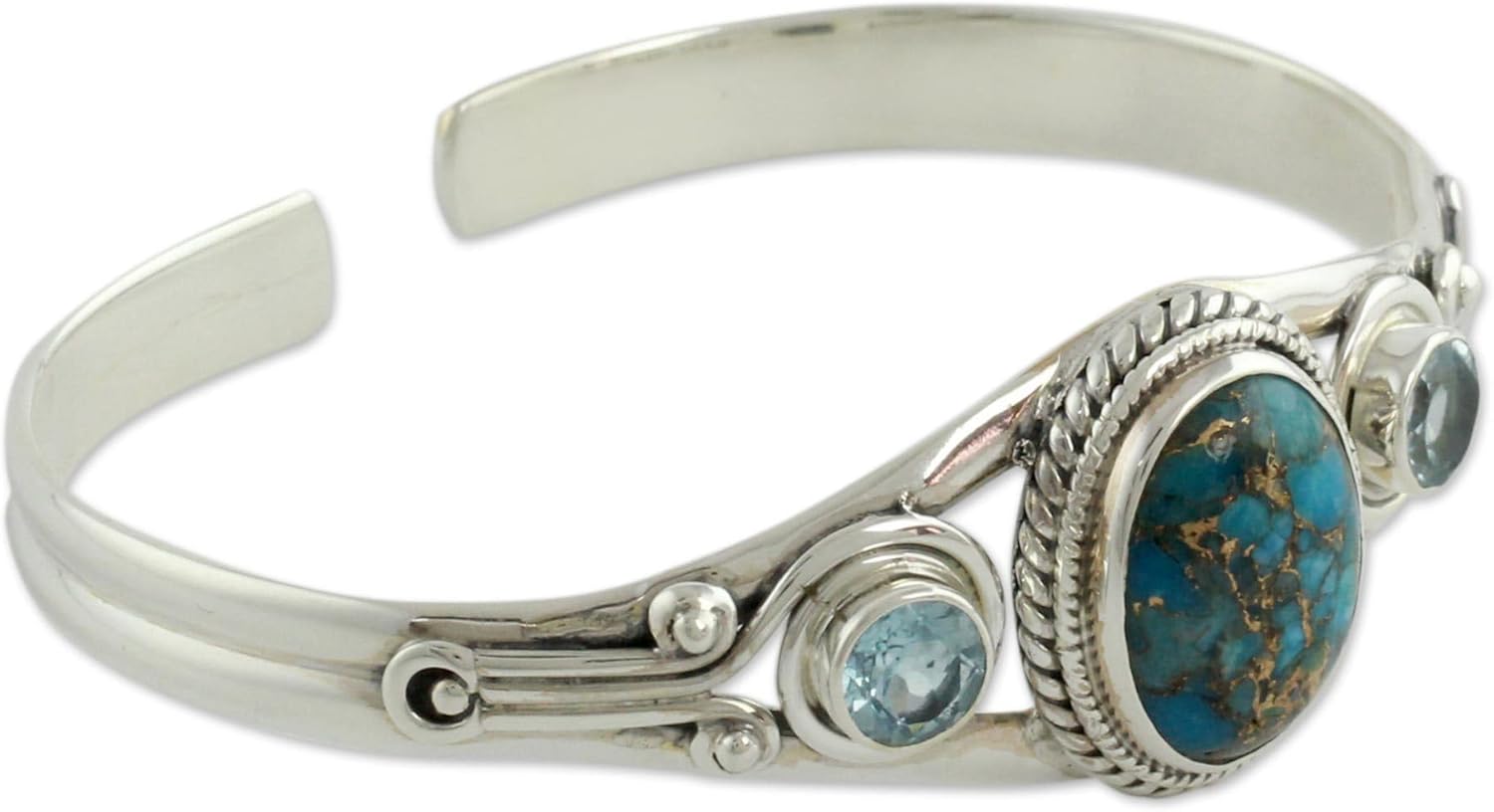 NOVICA Artisan Crafted .925 Sterling Silver Blue Topaz Cuff Bracelet | Composite Turquoise | Reconstituted Birthstone | Cable Chain | Hypoallergenic Jewelry | Lead & Nickel Free | India 'Azure