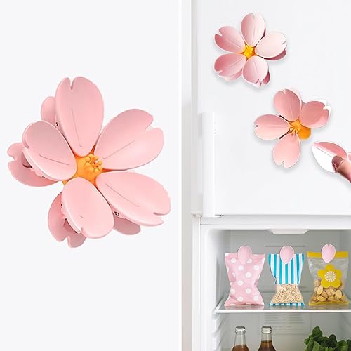Fridge Magnetic chip clips （5 Bag Clips+1 Magnetic Base）Cute Food Sealing Clips - Cherry Blossom Bag Clips for Snack, Bread & Pet Food Storage, Fridge Organizer & Kitchen Decor Gift（1 PC）