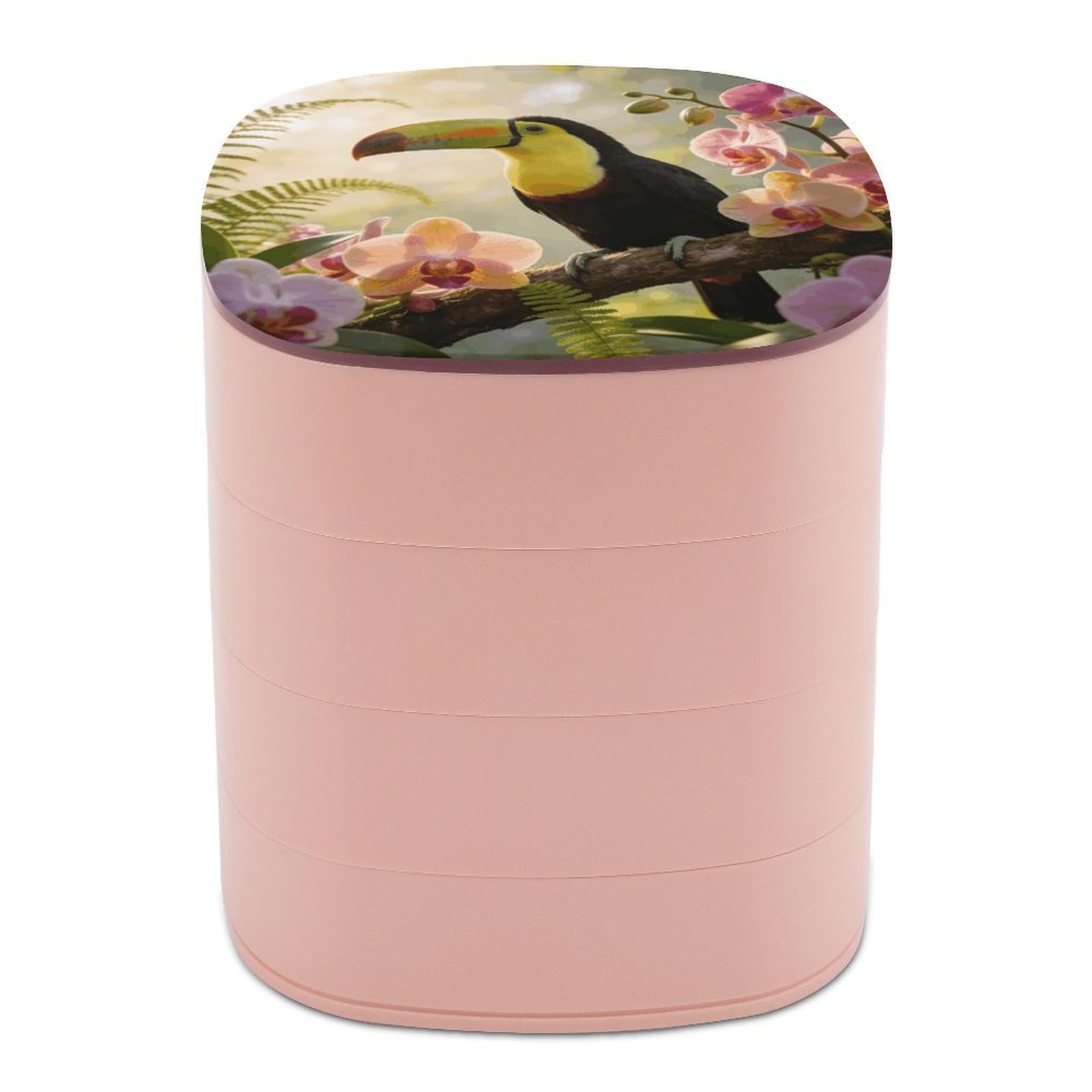 VstaDank The Morning Song of The Toucan And The Orchid Jewelry Box 360° Rotatable Jewelry Organizer 4 Layers Jewelry Case with Lid Fashion Portable Earring Holder for Bracelets Rings Bracelets Vanity