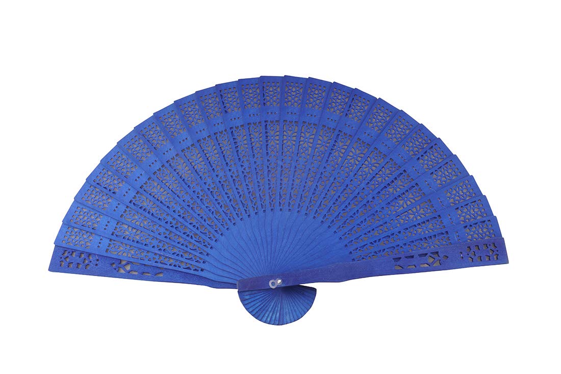 ALLinONE Chinese Scented Wooden Hand Held Folding Fans with Holder for Craft Home Wedding Party Event Decoration, Gifts (Blue)