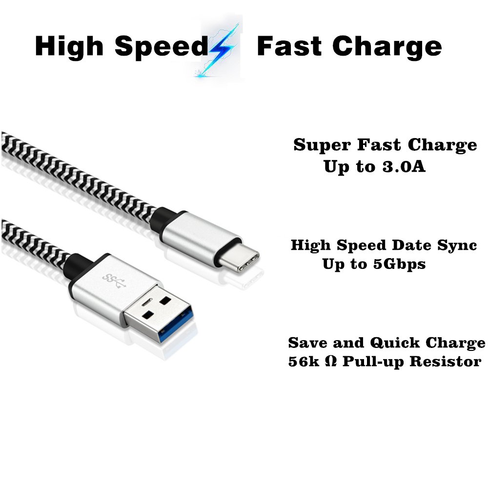 Cell-Stuff Black Braided 3 FT Charging Cable for CAT S48C Smartphone and Similar Type-C USB Compatible Cell Phones