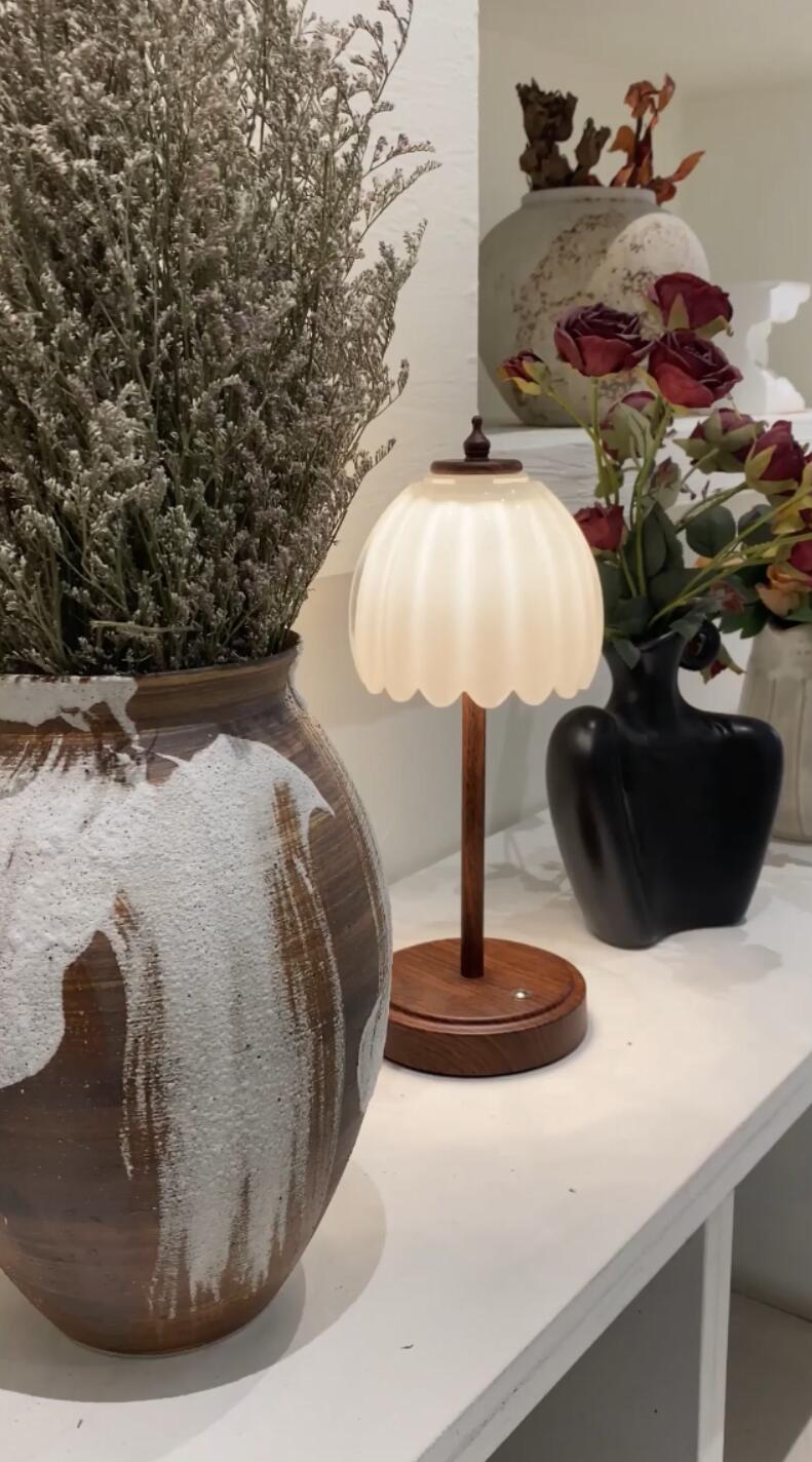 Image of Shenmoyl Tulip Table Lamp with 5200mAh Battery & Touch Control, Small Cordless Table Lamp with 3 Colors, Rechargeable Battery Operated Table Lamps for Bedroom, Desk, Bedside (White-Walnut Color)