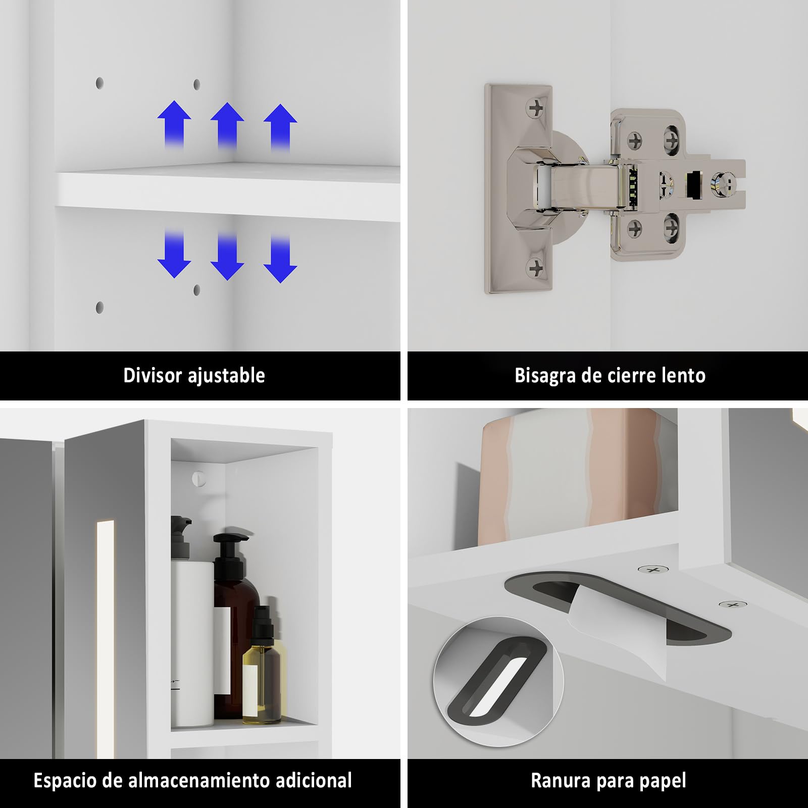 YU YUSING Mueble de Baño de Pared, Armario con Espejo y Estantes | Espejo LED 70 x 16 x 70 cm y Puertas Ajustables, Antivaho, Regulable en 3 Colores, Madera MDF, Blanco