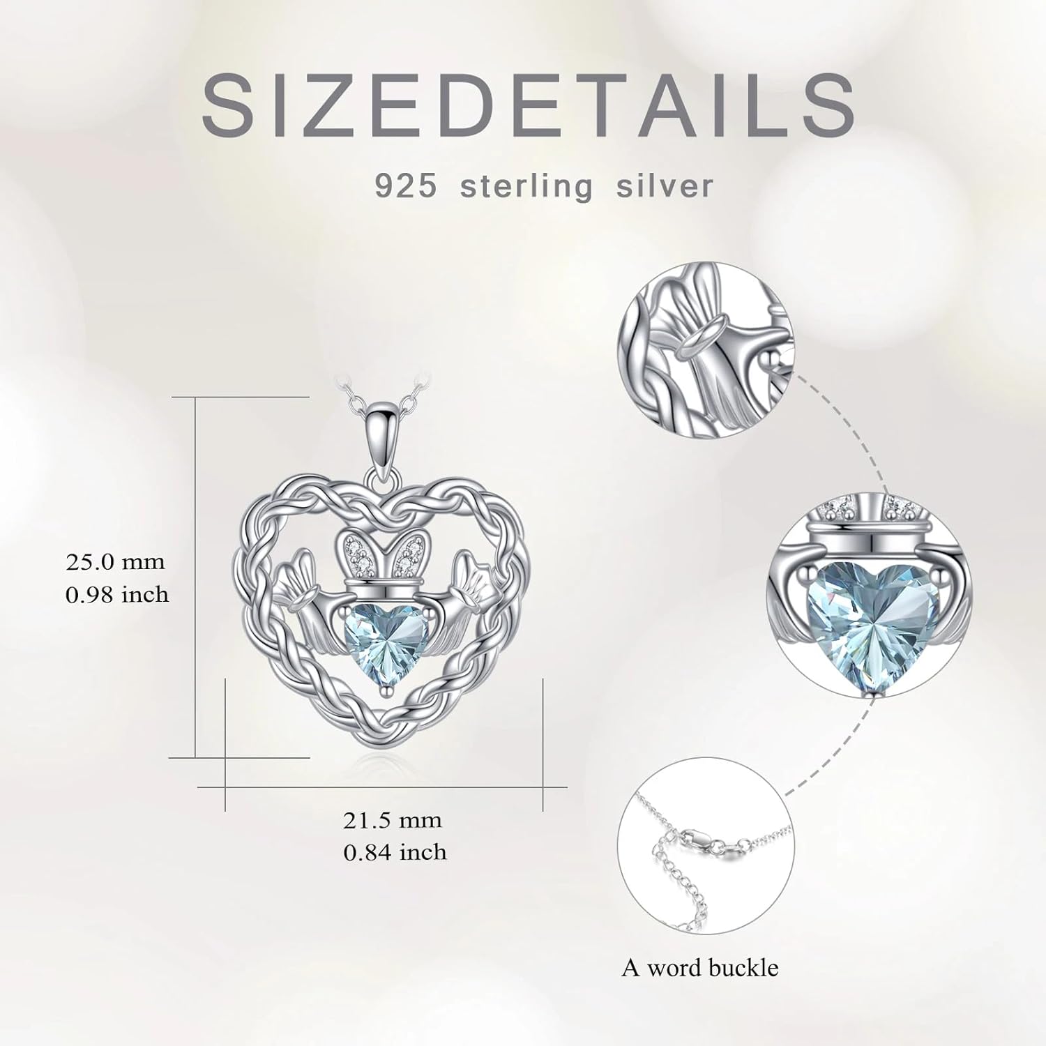 Birthstone Claddagh Heart Necklace 925 Sterling Silver Heart Celtic Knot Claddagh Necklace Pendant Irish Jewelry Gifts for Women Mom Wife Sister Christmas Birthday,18+2 inch