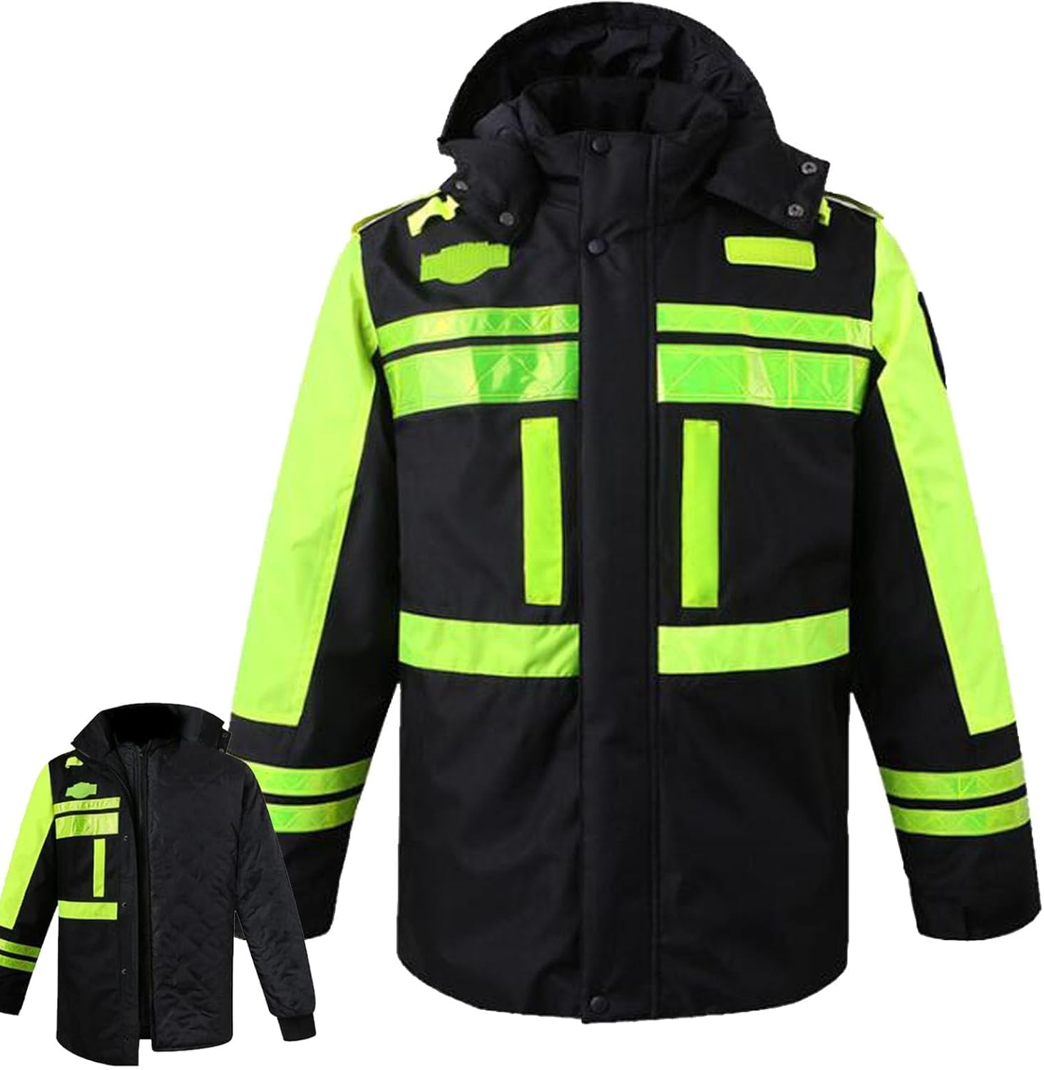 Kurtki O Wysokiej Widoczności Wodoodporny Komfort Hi Vis Odpinana Zimowa Kurtka Bomberka Wysoka Widoczność Bezpieczeństwo Odblaskowa Odzież Robocza Ocieplana Kurtka Robocza Z Kapt, Black, L