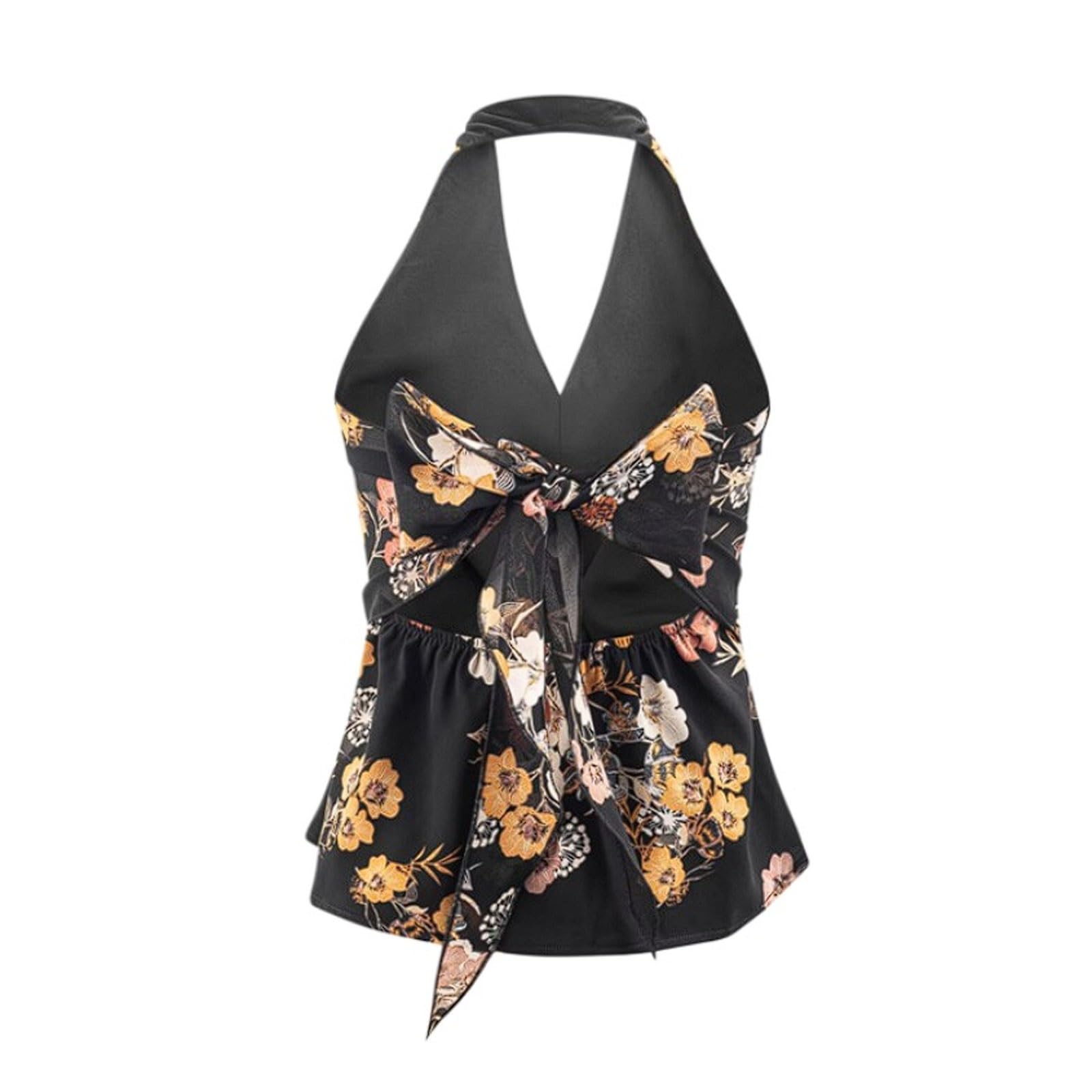 esmen Top Camisola con Cuello Halter Estilo Retro for Mujer Escote en V Profundo Estampado de Volantes el Pecho y Lazo Grande Base Negra
