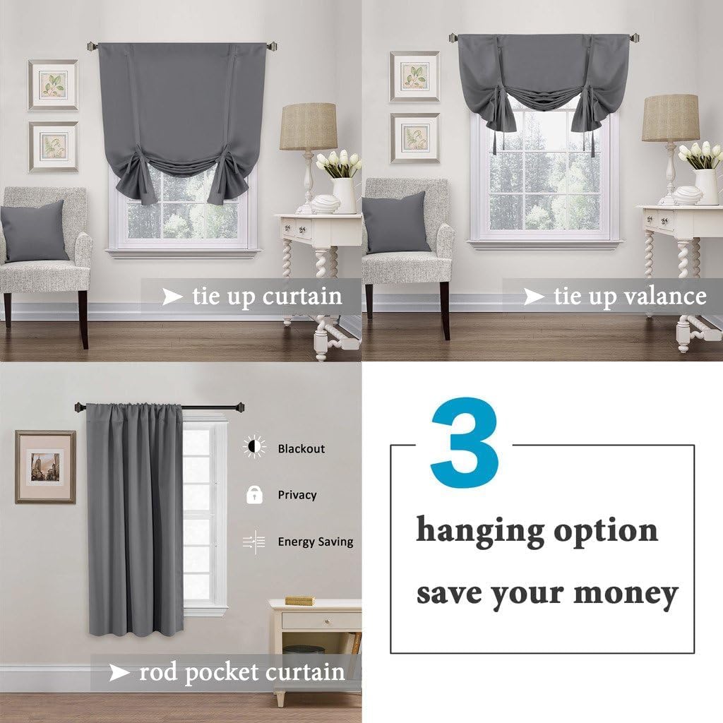 H.VERSAILTEX Gray Tie Up Shade for Small Window Thermal Insulated Blackout Short Curtain Bathroom Curtain, Window Valance Balloon Roman Blind (Rod Pocket Panel, 46 inches W x 63 inches L)