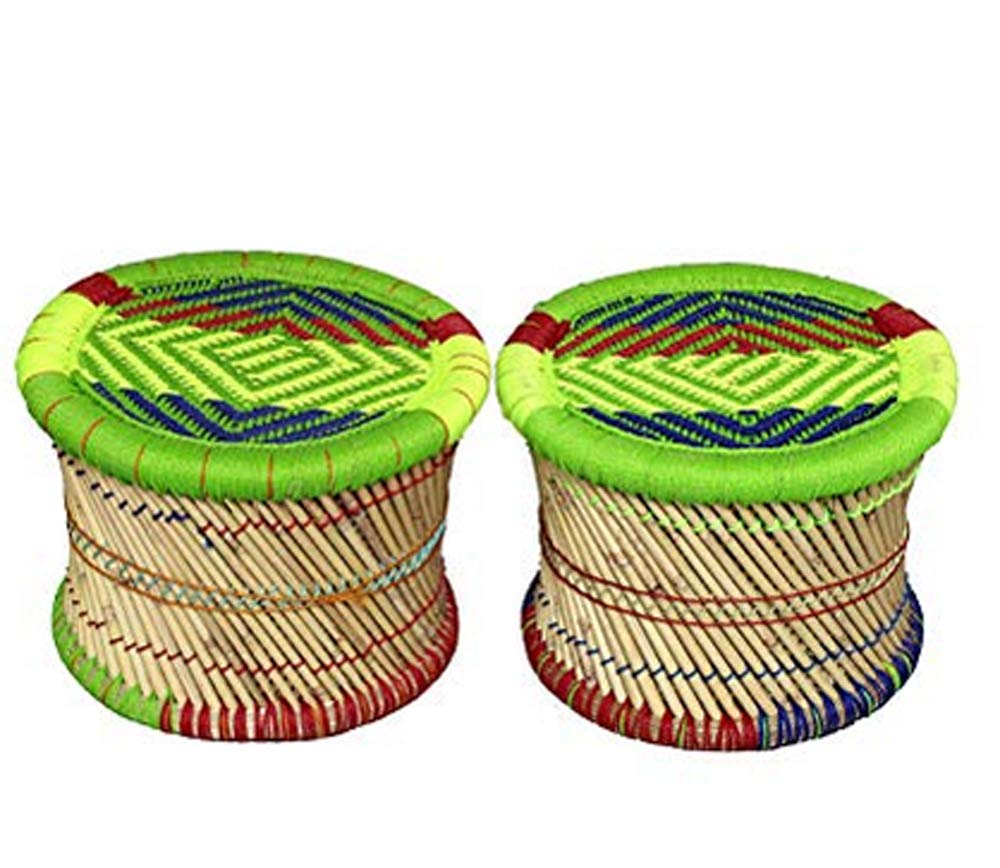 Anupam Enterprises Eco-Friendly Handicraft Cane Bar Bamboo Chair/Stool/Muddha/Mudda for Outdoor/Indoor/Furnishing/Color: Multi-Colored 2 Piece (10 inch Height)