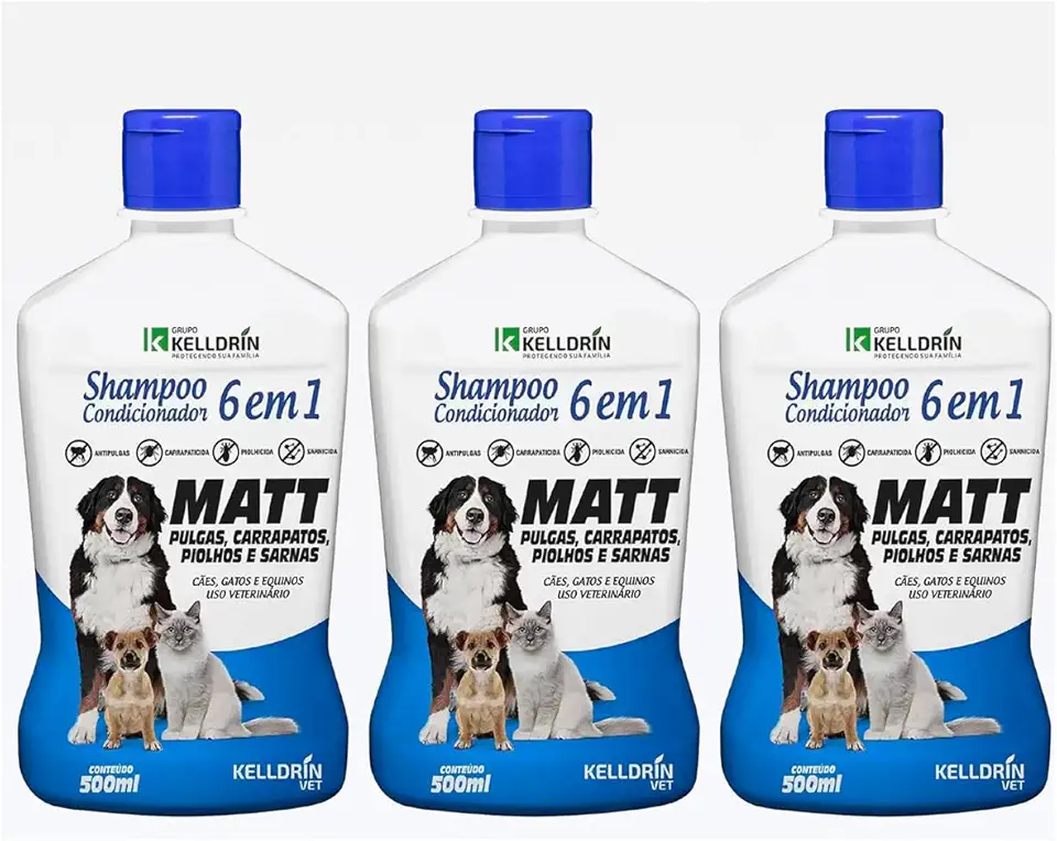Kit 3 Shampoo e Condicionador 6 em 1 para Cães Gatos e Equinos Kelldrin 500 mL - Anti pulgas e carrapatos