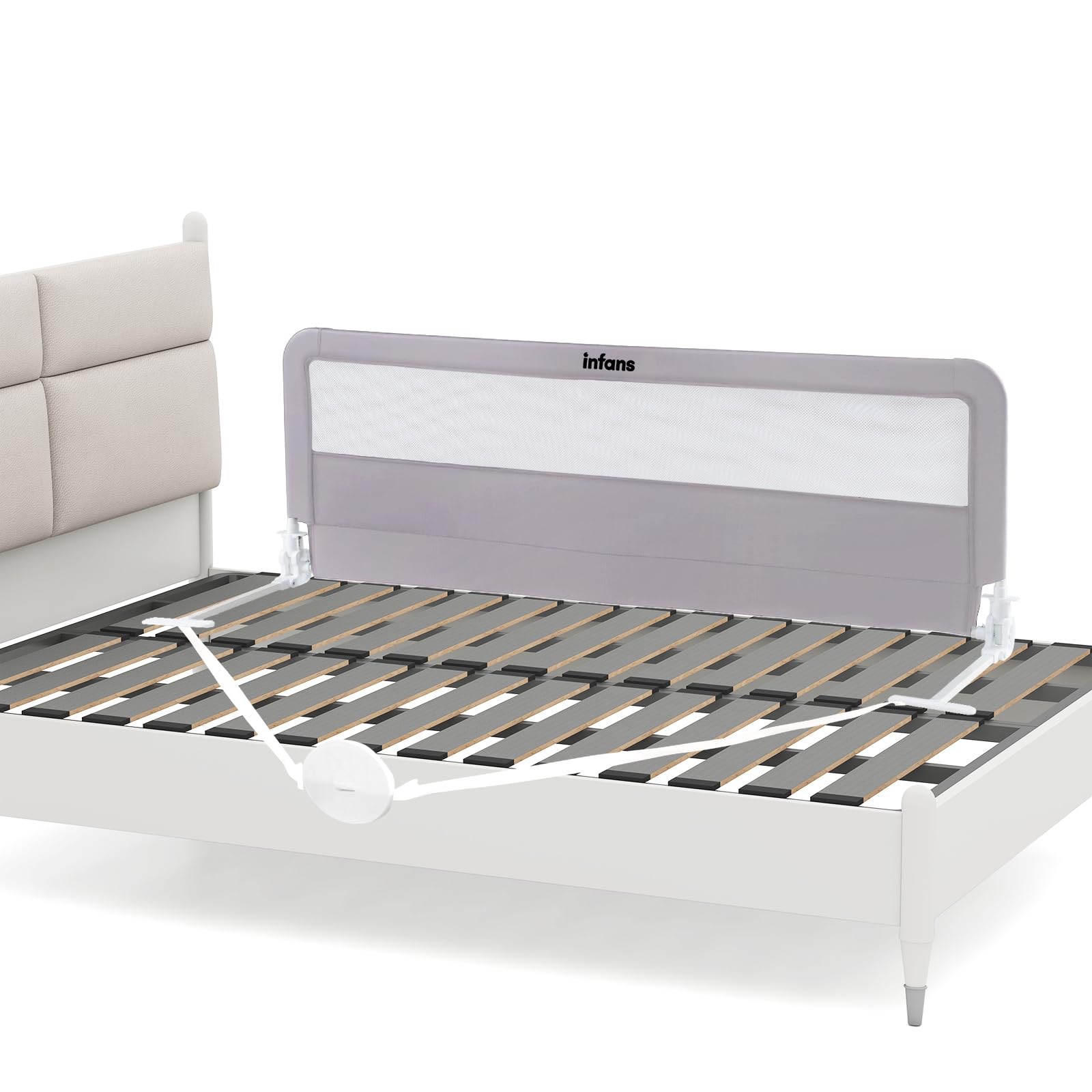 INFANS Bettgitter für Kleinkinder, 150 cm, faltbares Sicherheitsgitter für Babybett, extra lang, schwenkbar, Bettschutzgitter für Cabrio, Queen-Size-Bett, Matratzenschutz, Hellgrau