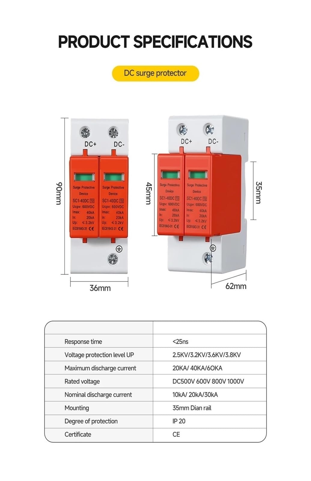 Parafoudre SPD 2P DC parafoudre Rouge Orange 500V 600V 1000V Dispositif de Protection Contre Les surtensions photovoltaïques(600V,Orange)