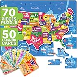 QUOKKA United States Puzzles for Kids Ages 4-6 - 70 Pcs Floor Puzzles for Kids Ages 6-8 Preschool Activities - Includes 50 Cards with 400+ USA Facts- State-Shaped Jigsaw Puzzle Gift for Girls Boys