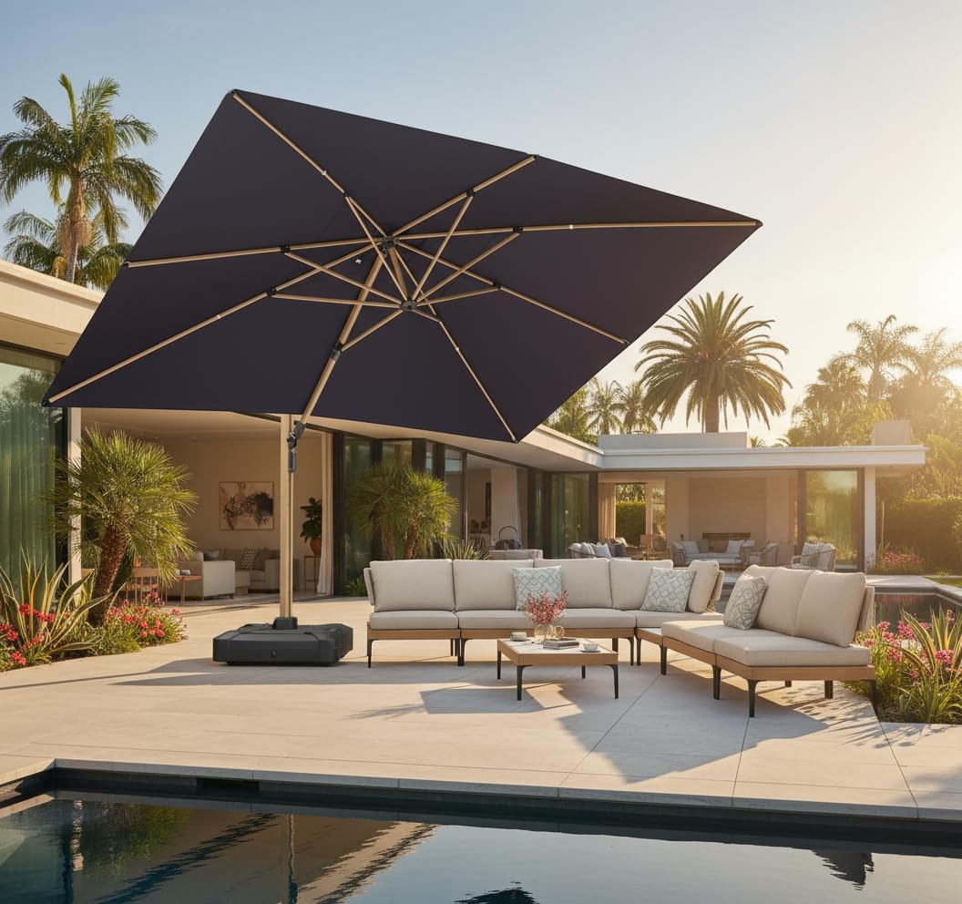 PURPLE LEAF 10'x 13' Rectangle Patio Cantilever Umbrella With Furniture Sofa Sets Large Hanging Umbrella Teak Finished Aluminum Frame Windproof Offset Outdoor Sun Umbrellas for Beach Pool Deck, Navy Blue