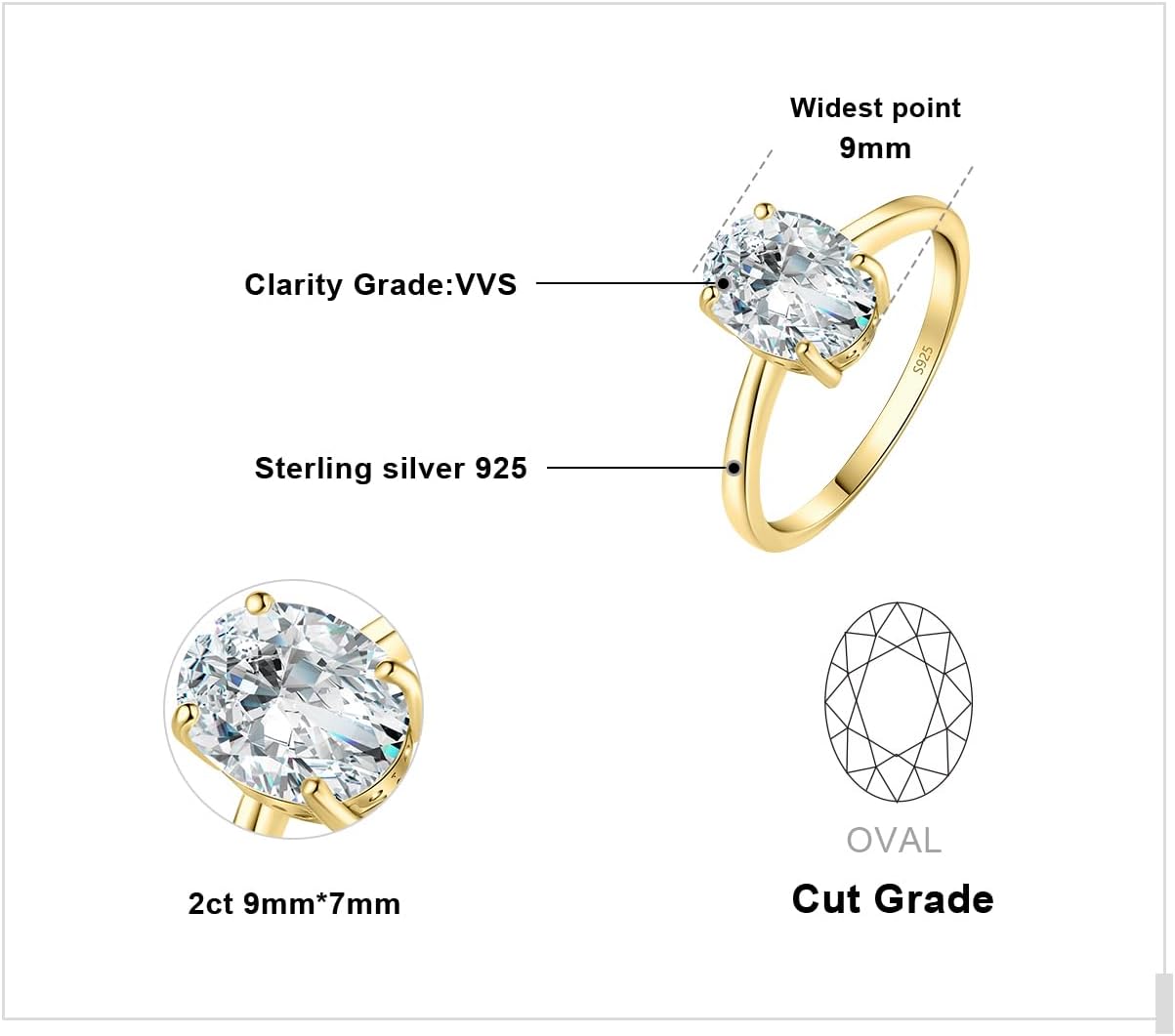 JewelryPalace Oval Shape 1ct 2ct Moissanite Solitaire Engagement Rings for Women, Classic 925 Sterling Silver Promise Ring for Her, Simulated Diamond Anniversary Wedding Ring VVS D-F - Image 2