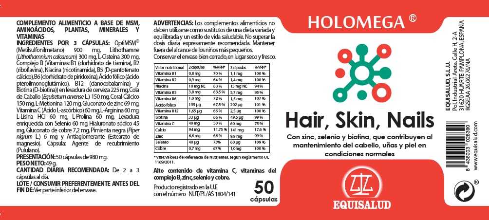 Holomega Hair, Skin & Nails Equisalud 50 Cápsulas | Biotina, Zinc, Selenio, MSM y Ácido Hialurónico | Cabello, Piel y Uñas | Belleza Desde el Interior para Mujer