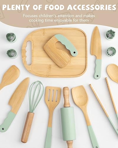 Miniatura 4 de Juego de cocina Montessori de madera para niños, herramientas de cocina reales y utensilios para hornear, kit de cocina de 15 piezas para niños con