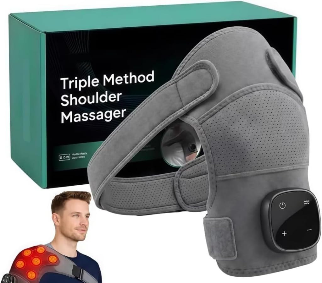 Hewelth Massaggiatore Per Spalle Triple Method – Massaggiatore Spalla Portatile Ricaricabile, Tutore Spalla con Vibrazione Calore e Compressione Aria per Casa e Ufficio (×1)
