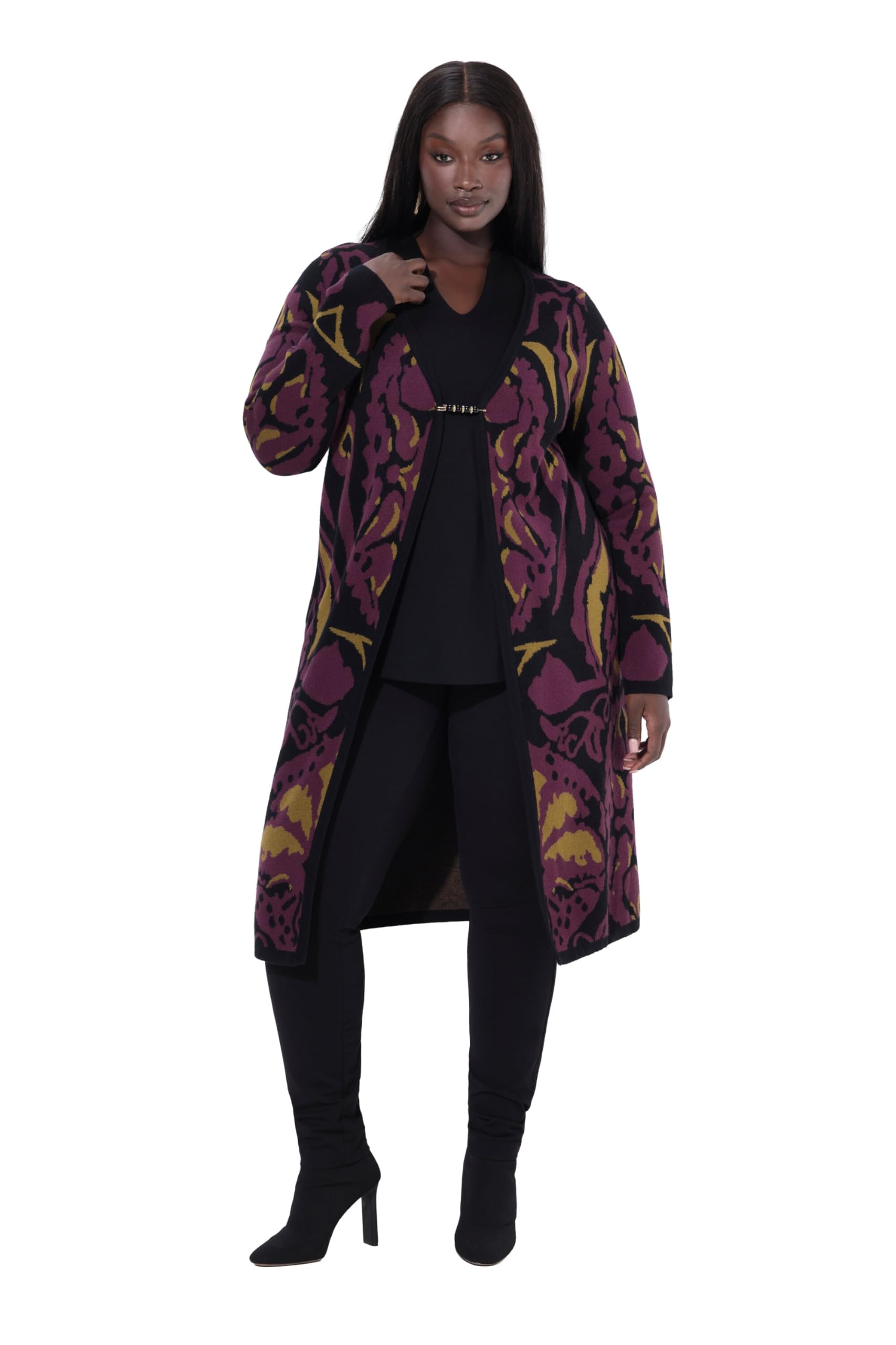 Ulla Popken Damen große Größen Übergrößen Plus Size Long-Strickjacke, Ziernadel, V-Ausschnitt, Langarm 841695