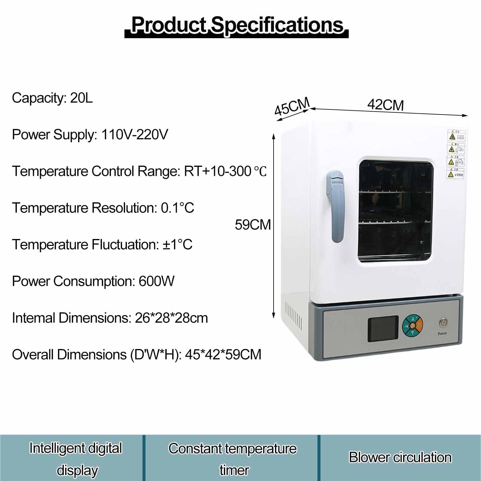 Forno elettrico a convezione forzata per laboratorio | 20 litri, 600 W, temperatura ambiente +10°C - 300°C, rivestimento interno a 2 livelli in acciaio inox, per uso industriale