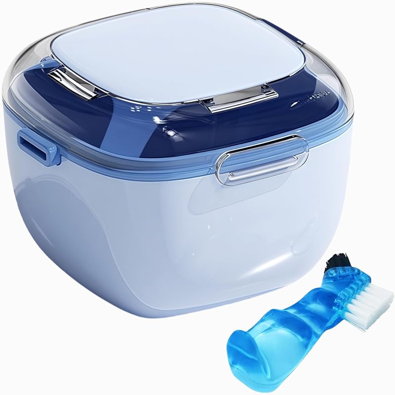 Denture Case, Retainer Cleaning Box, Large Capacity Denture Container Cup | for Any Full and Partial Denture, Clear Dentures, Retainers, Night Guards (with Brush and Mirror) (Blue)