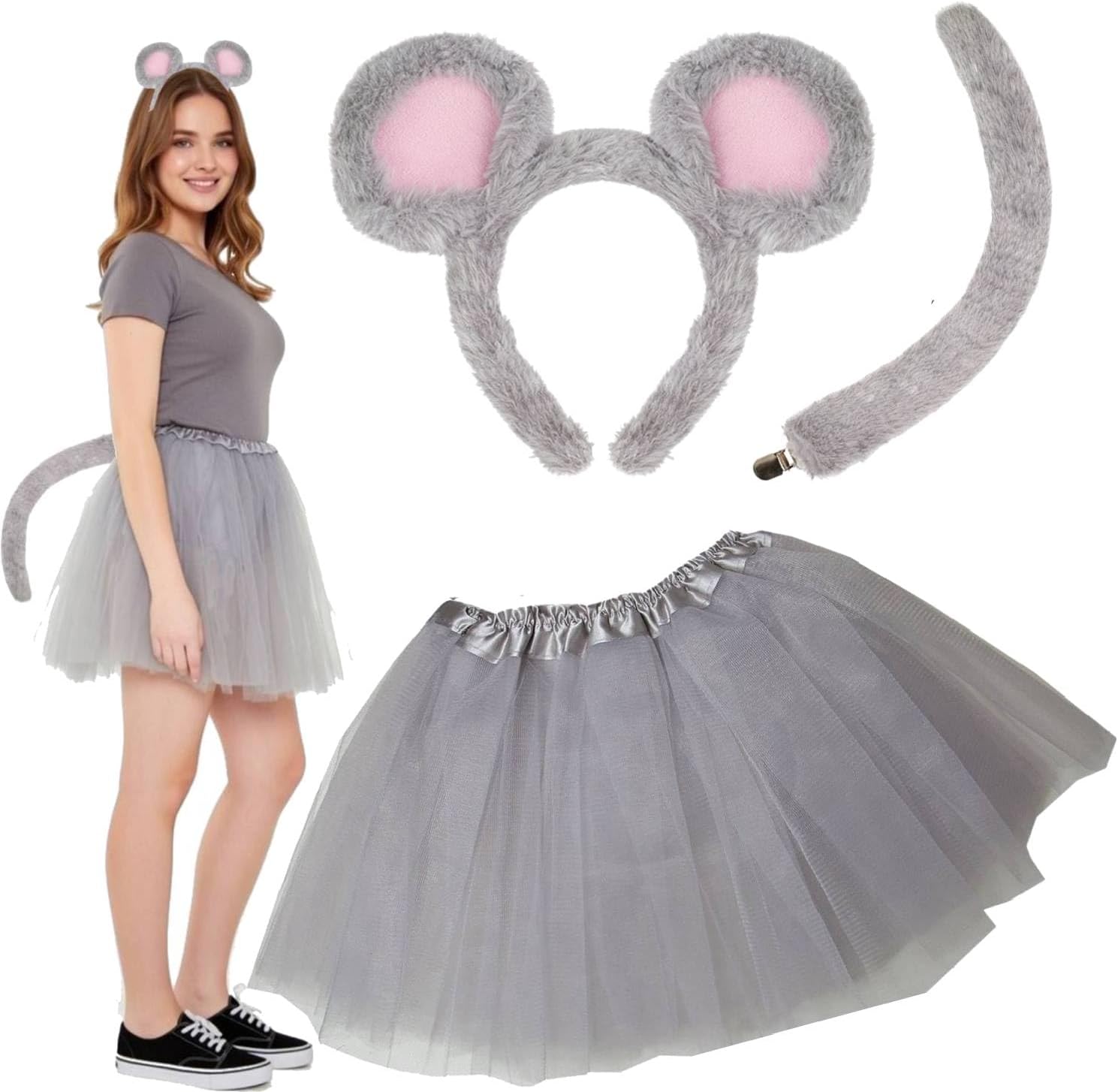 Kirei Sui Gray Mouse Costume for Women Rat Ears Headband, Tail & Soft Lined Tutu Halloween Christmas Party Accessories
