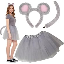 Kirei Sui Gray Mouse Costume for Women Rat Ears Headband, Tail & Soft Lined Tutu Halloween Christmas Party Accessories