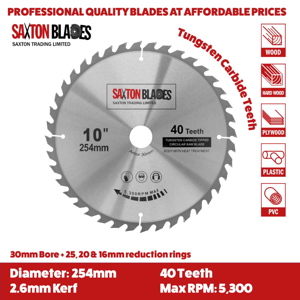 Saxton TCT254MXA - 2 lame per sega circolare Saxton TCT per legno, 254 mm, confezione A, per Bosch, Makita, DeWalt