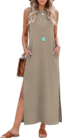 RUMIA Womens Summer Dresses Sleeveless Long Dress with Pockets | Wrinkle-Free, Not-See-Through Quiet Luxury Dress Flattering Tummy-control Fit, Ideal for Vacation, Office, Party & Daily