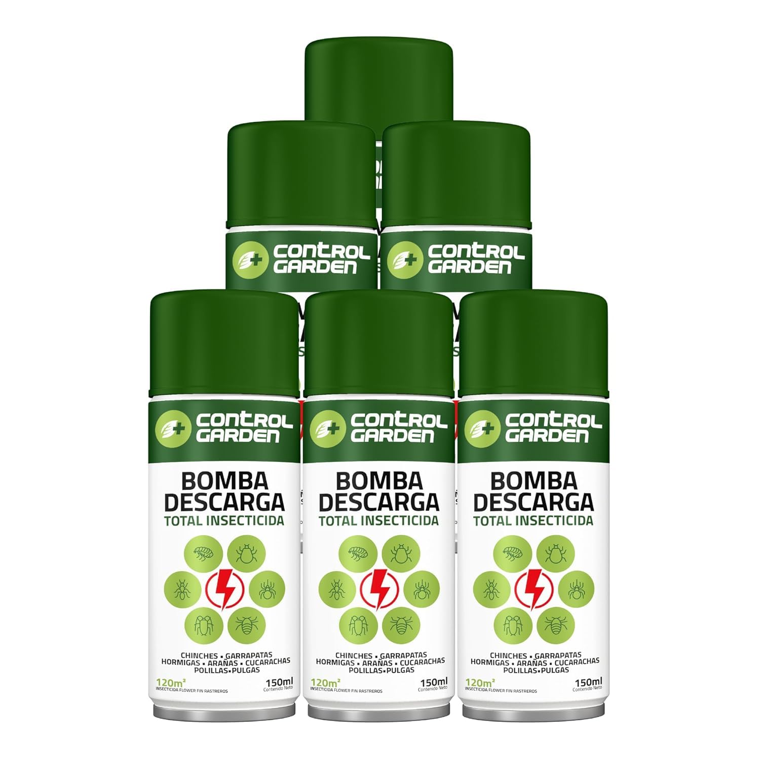 CONTROL GARDEN Pack 6 Insecticida Descarga Total 150 ML Interior y Exterior | Repelente Anti Insectos: Chinches, Ácaros, Hormigas, Arañas... | Fungicida Larvicida Ovicida Bomba de Humo Espacios 120 m2