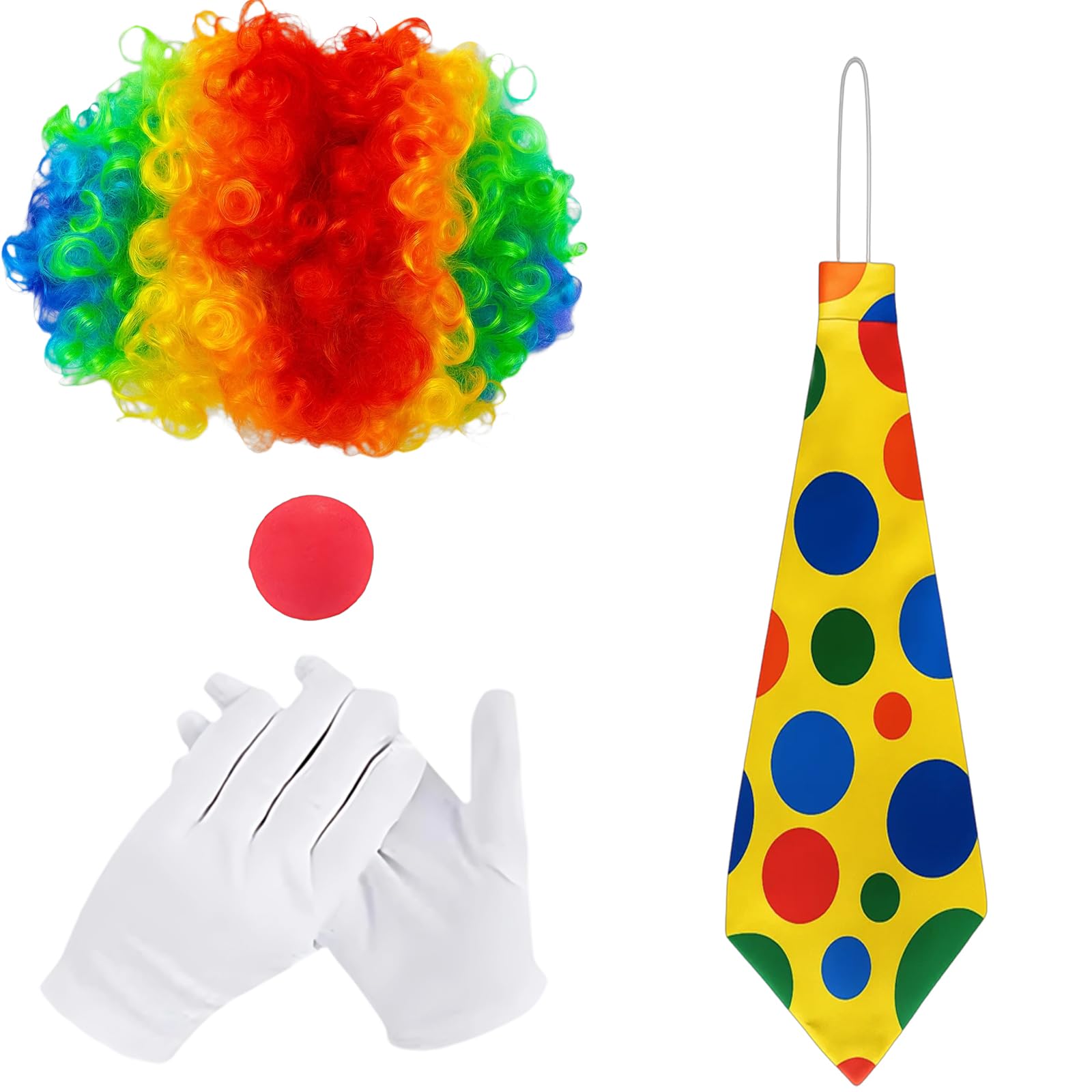 WNXBFO 4Pcs Clown Costume Set Accessories Dress Up Rainbow Wig Clown Nose White Gloves Tie for Halloween Cosplay Theme Party Carnival Circus Show