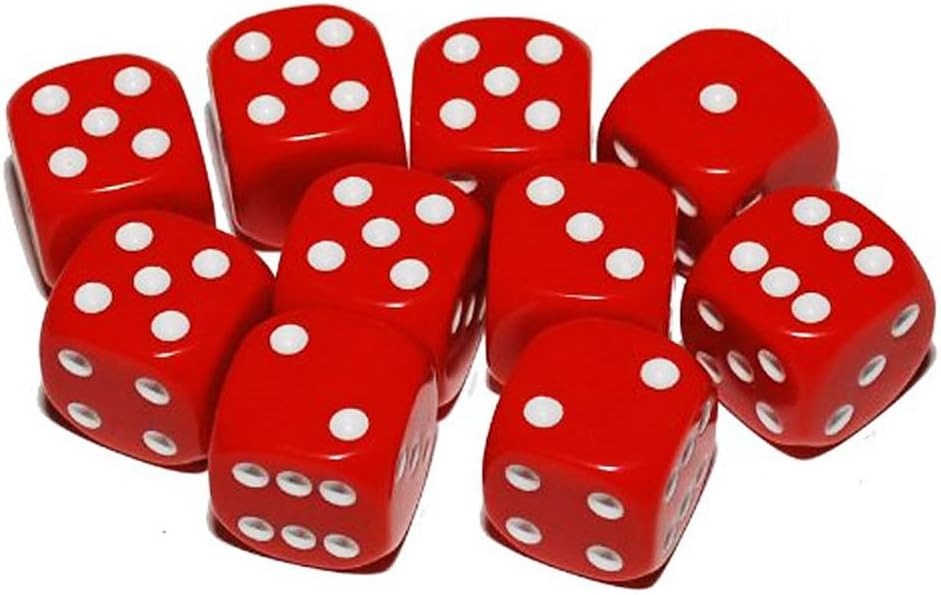 10 x 16mm Opaque Plastic Dice (Red)