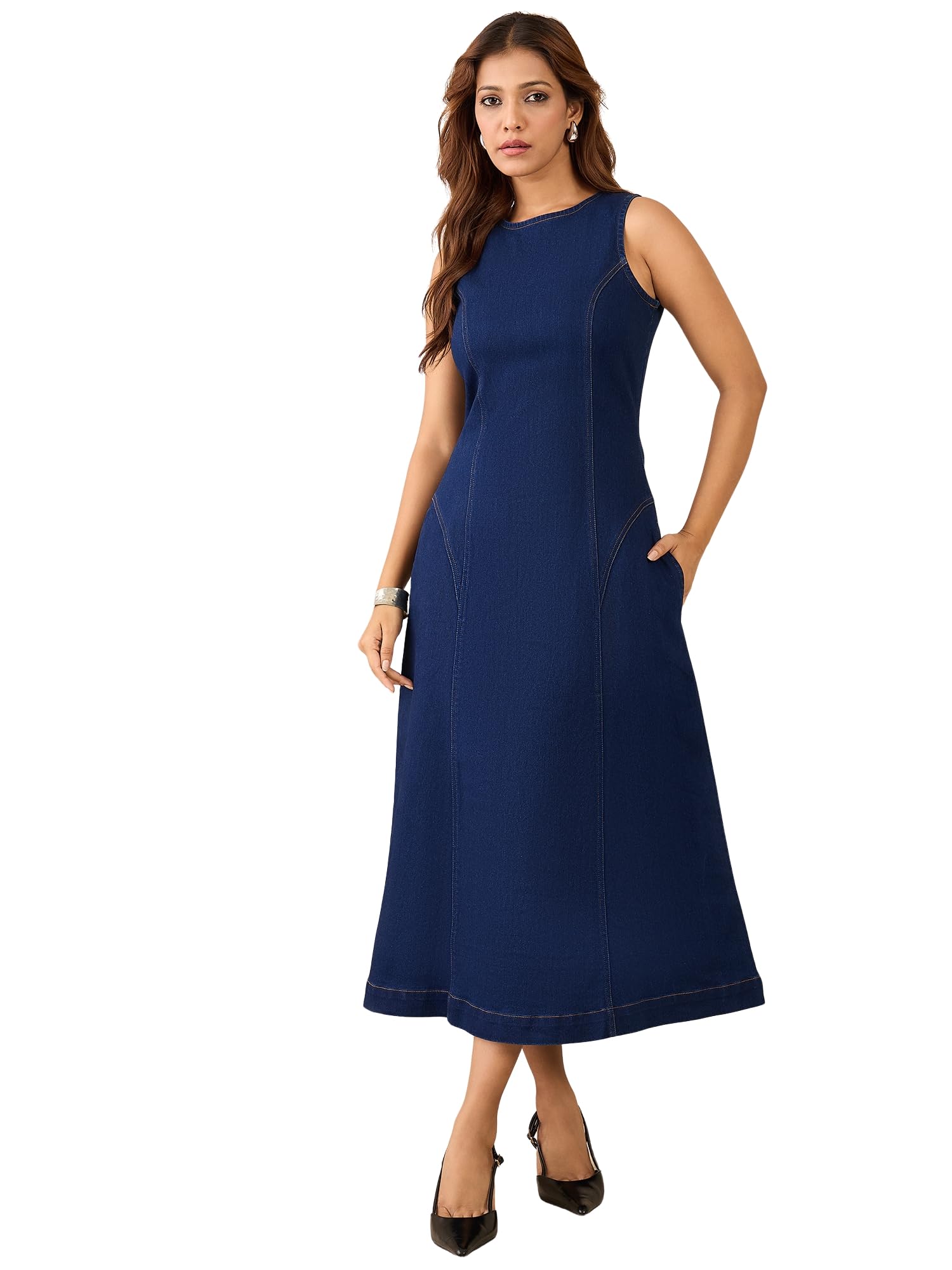 stylestone Women's Denim Midi Dress with Pockets-picture-18