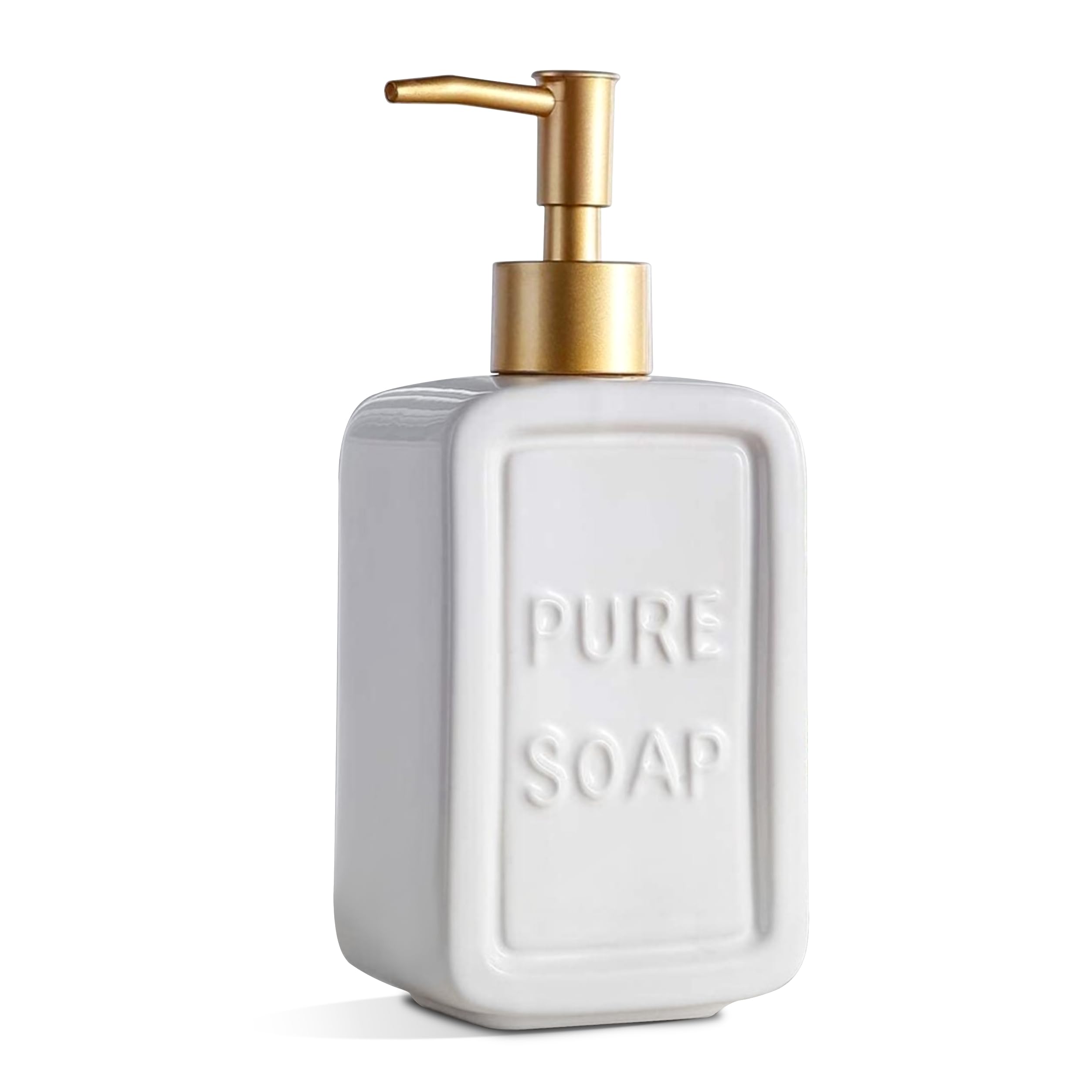 VITACHY. Dispensador Jabón Baño Cerámica Pure Soap 350ml. Vintage Decorativo Blanco y Dorado. Dosificador para Manos también en la Cocina