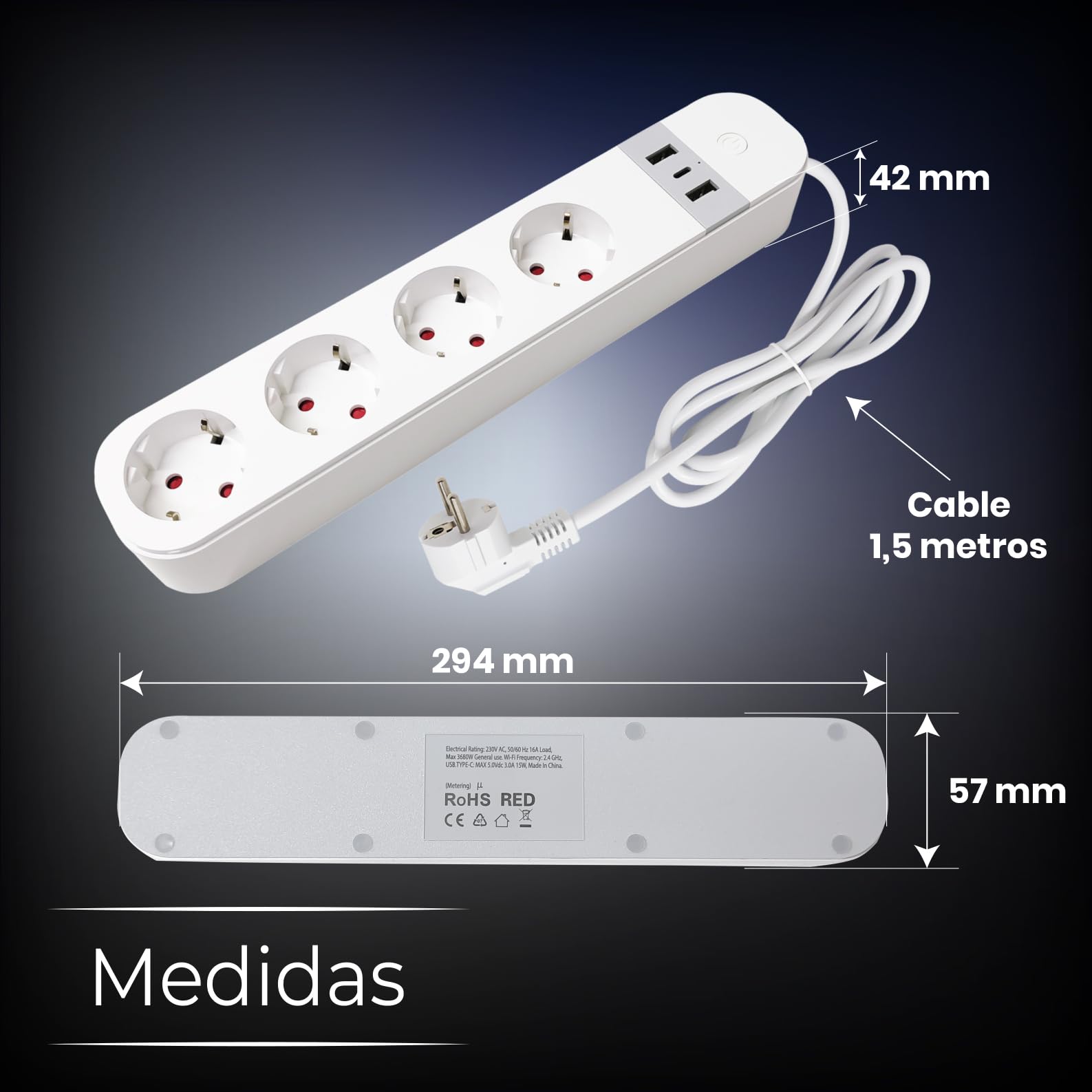 LED ATOMANT 4X Regleta WiFi USB Alargador 4 Tomas 2 USB 1 Tipo C | Compatible con Alexa y Google Assistant, App Smart Life y Tuya