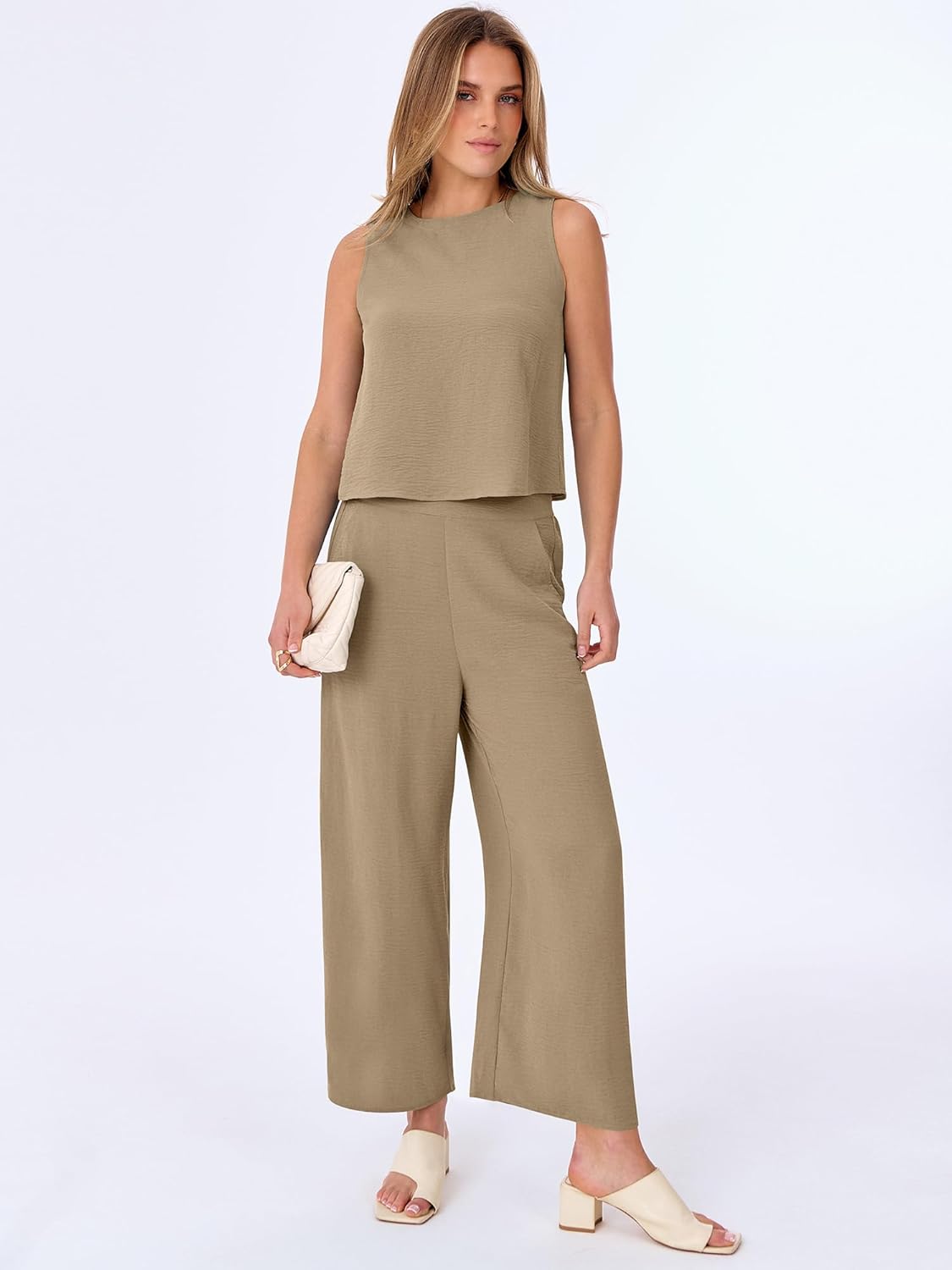 ANRABESS Women Lounge Sets 2 Piece Outfits Summer Sleeveless Crop Tops Capri Wide Leg Pants Vacation Beach Travel Sets - Image 7