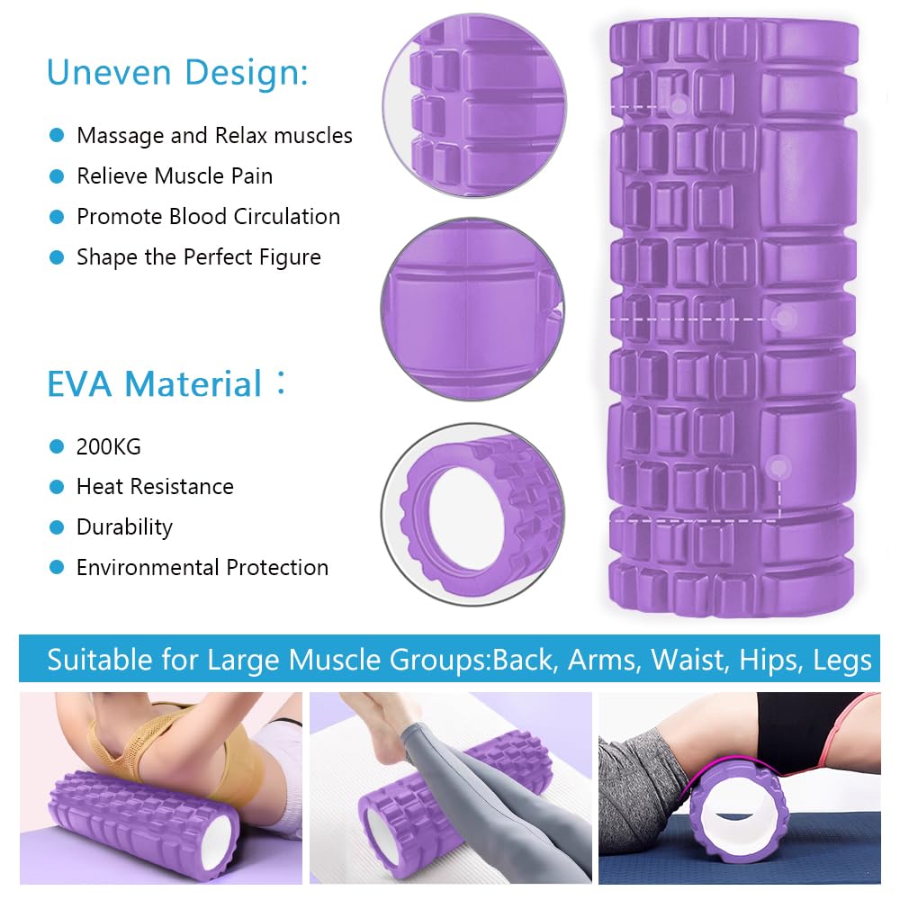 Rullo Massaggio Muscolare, Qveetry 6 in 1 Foam Roller Rullo in Schiuma Pallina Massaggiante Bastone Massaggio bande di resistenza per Stretching Yoga Pilates Rilascio Miofasciale