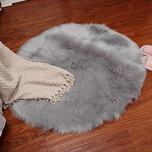 QINGLOU Faux Lammfell Schaffell Teppich (90 x 90 cm) Wohnzimmer Schlafzimmer Kinderzimmer/Als Faux Bett-Vorleger oder Matte für Stuhl Sofa (Grau（Runde）, 90 x 90cm)