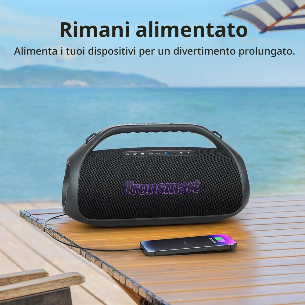 Tronsmart Bang 2 Altoparlante Bluetooth potente 90W, batteria 26H, grande altoparlante autoamplificato HiFi portatile, IPX6, EQ, altoparlante con corno e luci RGB, per campeggio, spiaggia o campagna