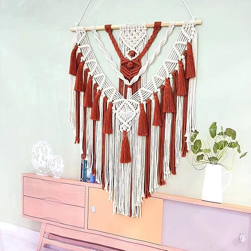 Miniatura 4 de HARWAVE Tapiz bohemio de macramé para colgar en la pared y decoración de pared, tapiz de algodón hecho a mano con borla, arte de pared tejido de