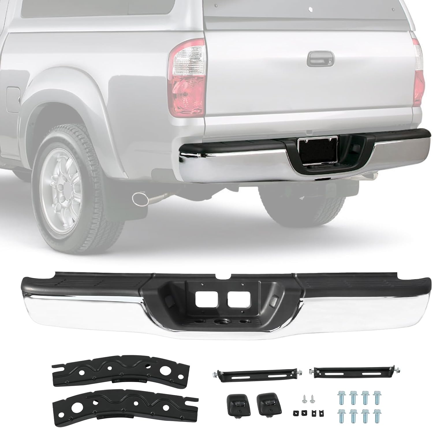 Rear Bumper replacement for 2000 2001 2002 2003 2004 2005 2006 Toyota Tundra bumper with Step Pad and License Plate Lights TO1103107，Chrome