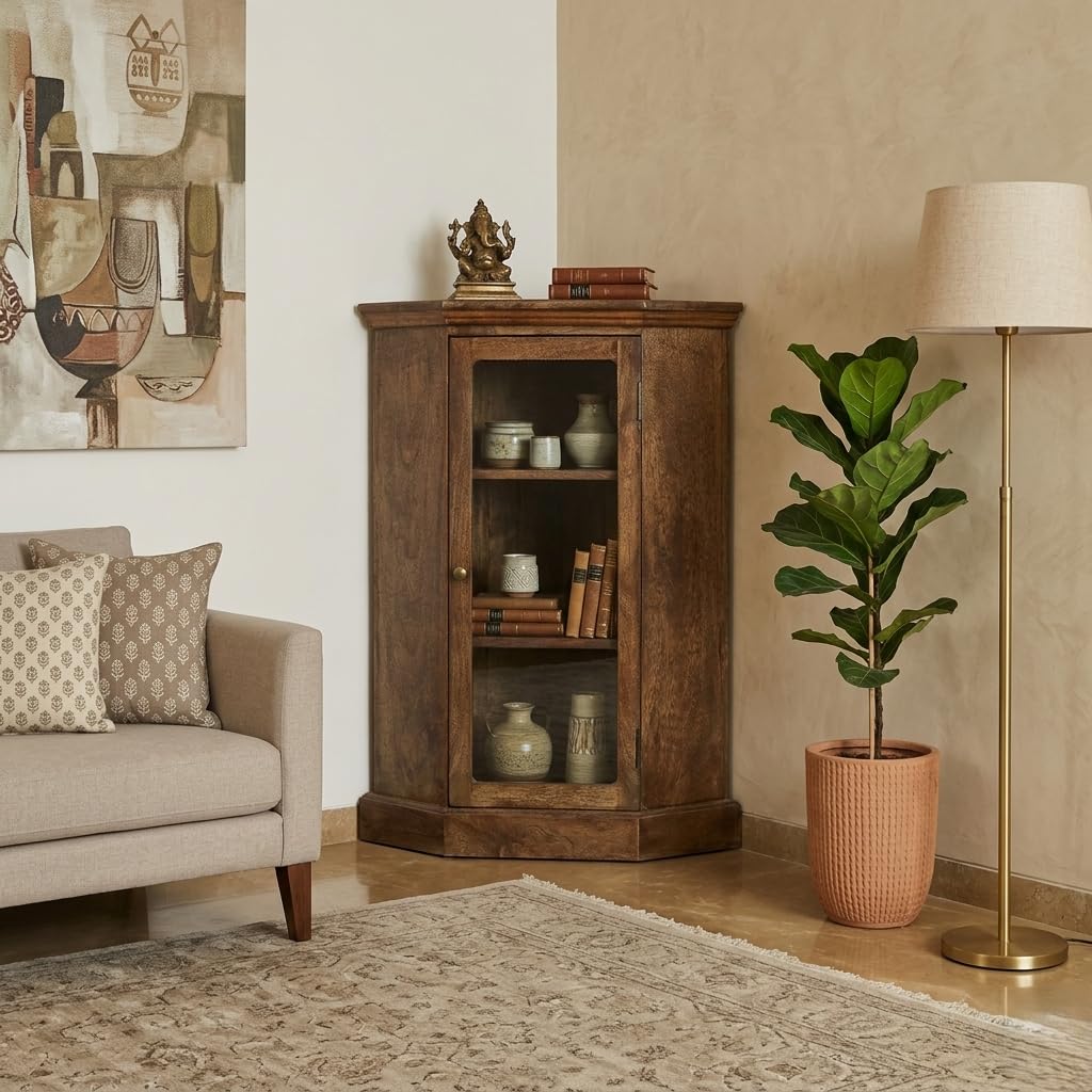 Solid Wood Kona Corner Cabinet|Multipurpose Cabinet for Living Room |Solid Wood Bookshelf/Crockery Cabinet| Finish- Tubaq Brown-image-14