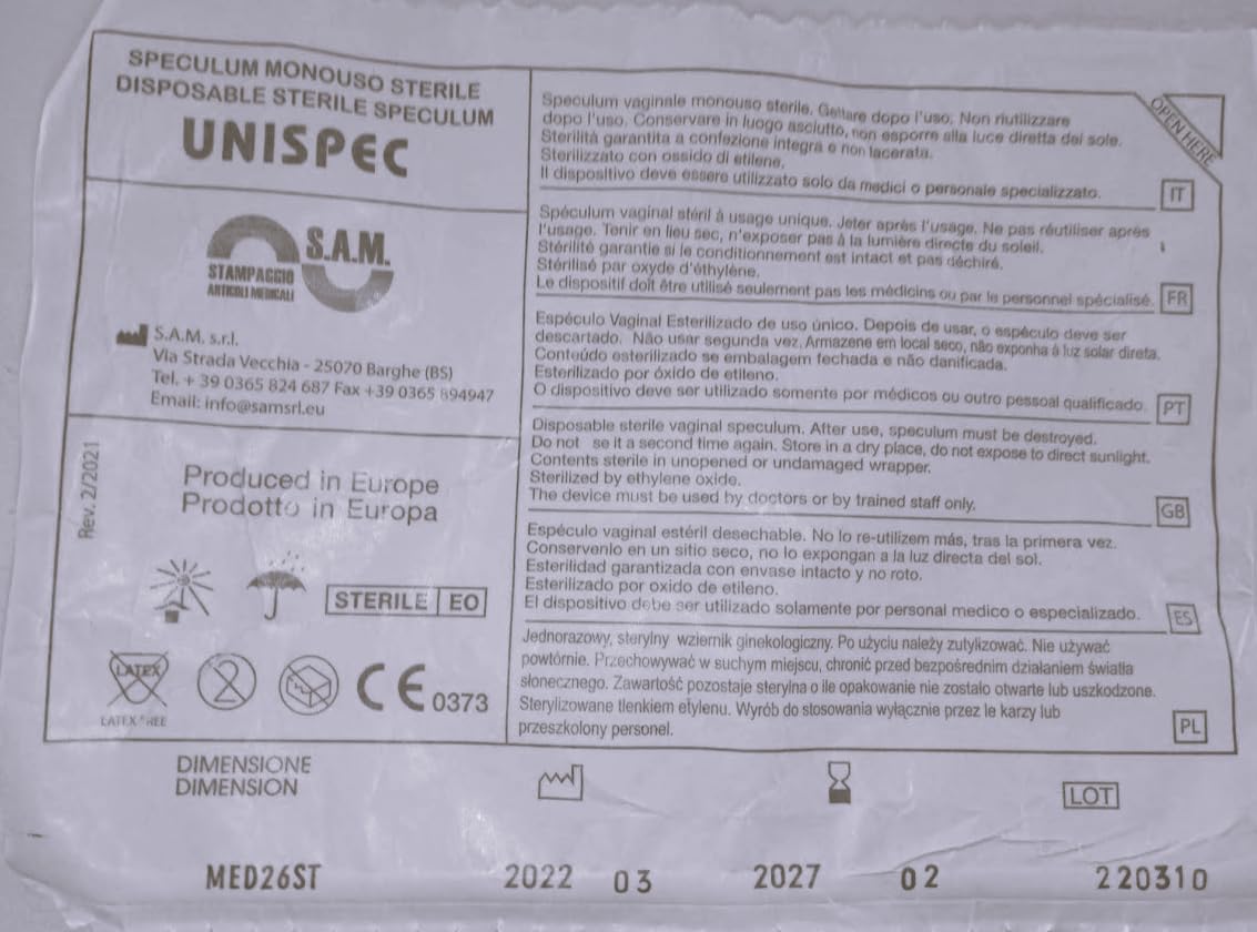 Especulo Vaginal,dilatador. esteril desechable (Pack de 5 und) .Exploracion intima .