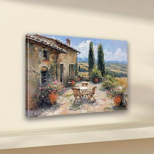 DFZEWKI Tuscan Hillside Patio on Canvas with Rustic Vibrant Italian Countryside Scene, Ideal for Living(60x80cm(24x31in)/No frame)