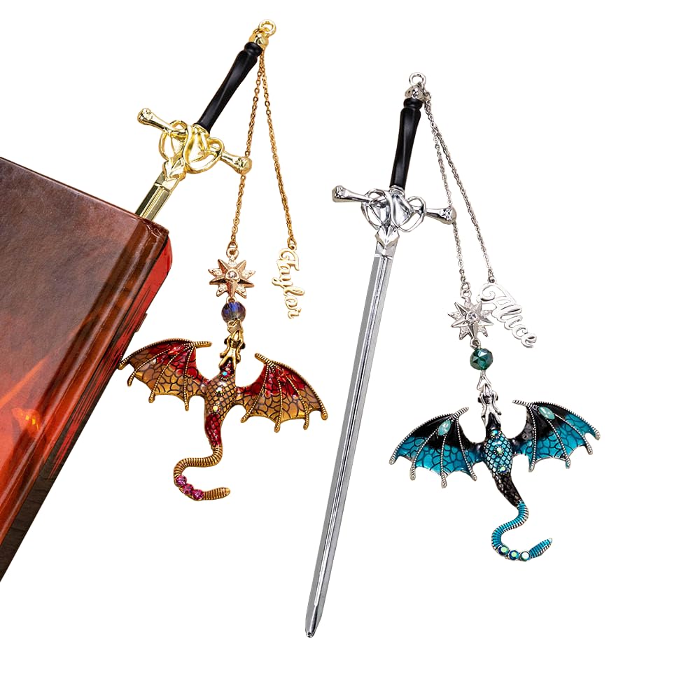 Personalised Dragon Bookmark Custom Name Dragon Sword Bookmark for Men Women Kids Bookmarks Fantasy Metal Sword Book Mark for Children Student Teacher Vintage Gifts for Her