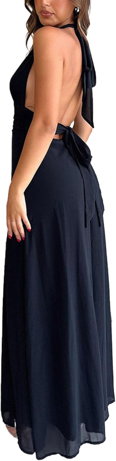 xxxiticat Women's Sleeveless Maxi Dress Deep V Neck High Split Halter Neck Open Back Backless Slit Summer Holiday Dress - Image 2