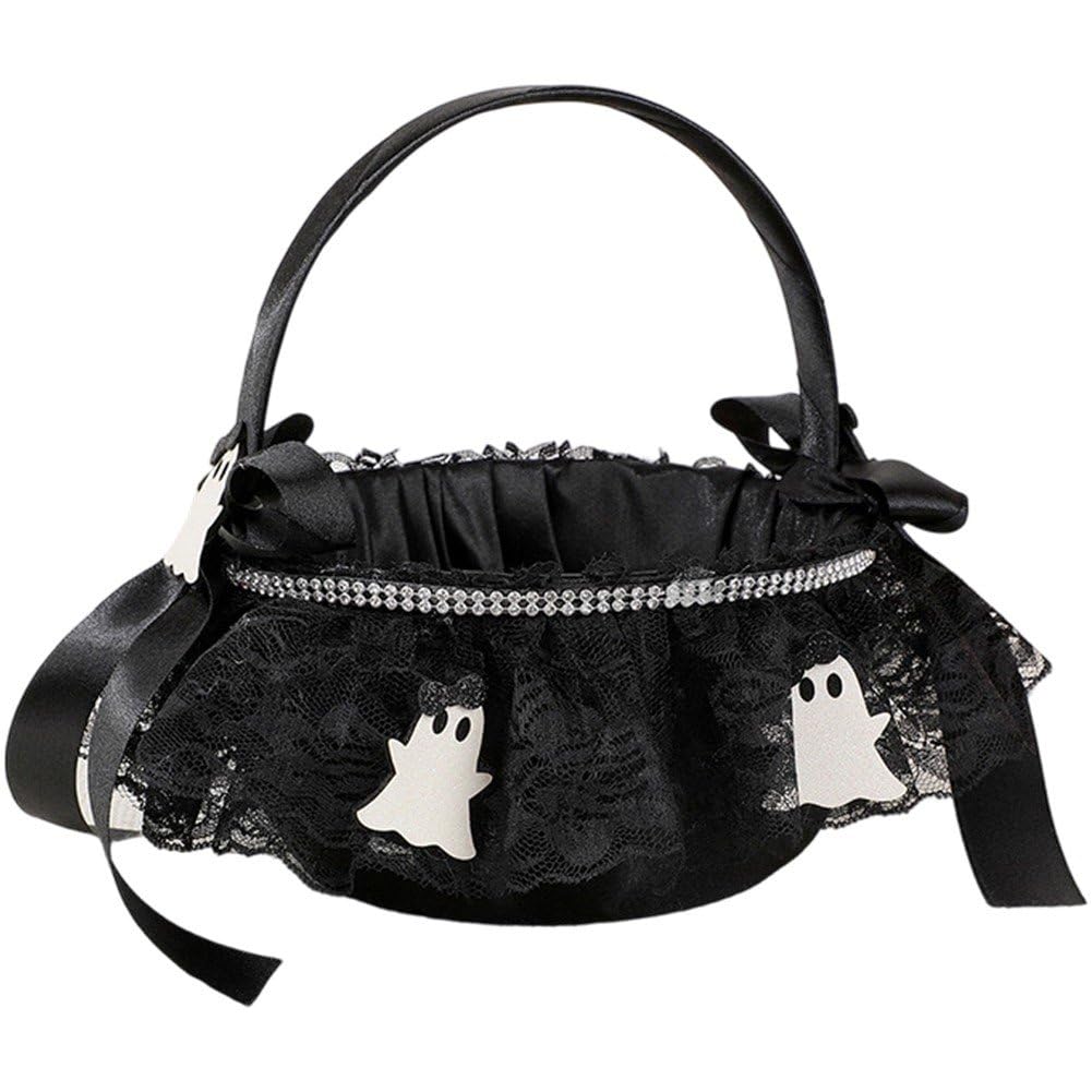 Danlai Handled Black Lace Bow Halloween Storage Basket, Candy Flower Container for Holiday Home Scene Decoration Layout