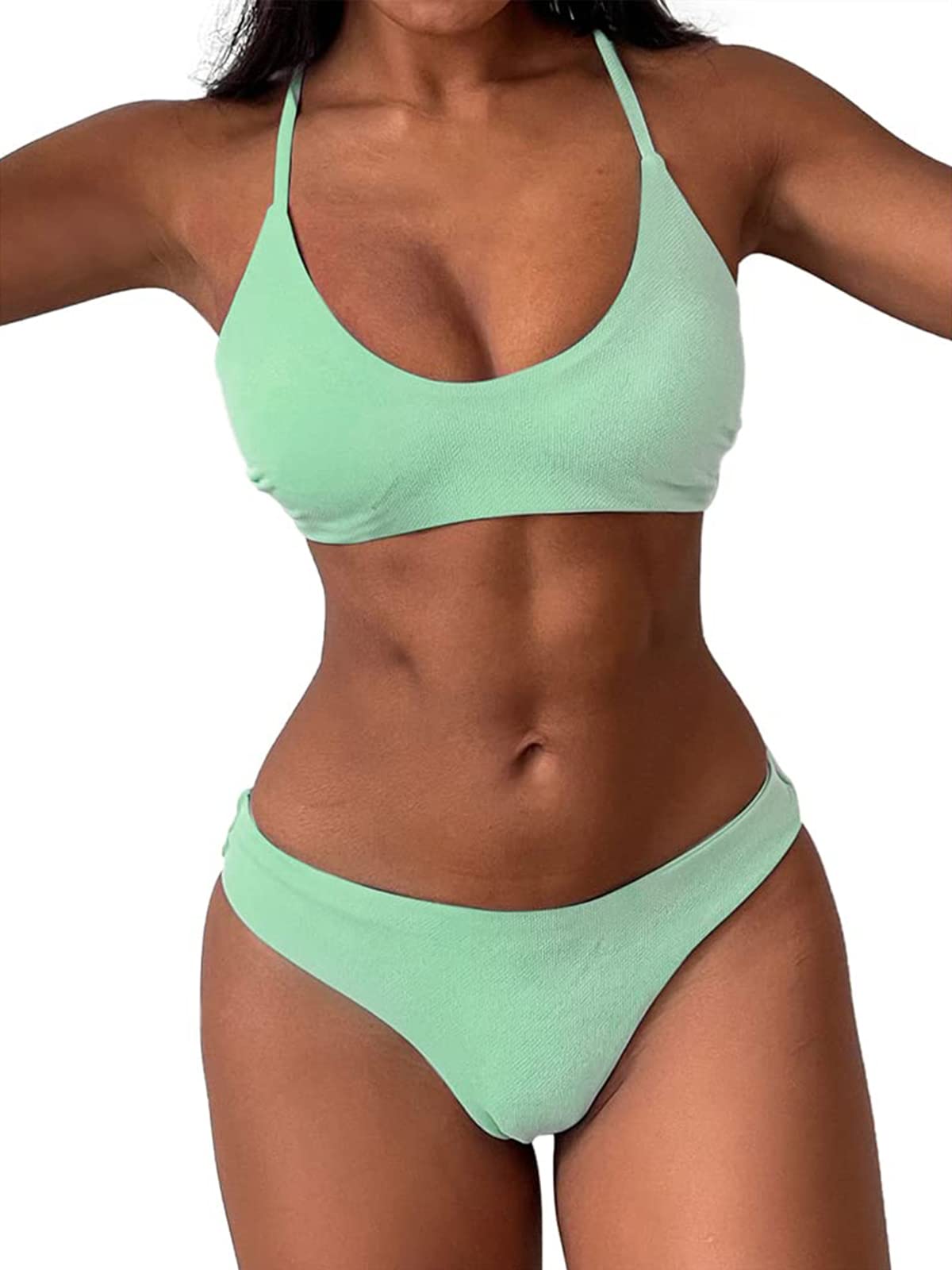 ZAFUL Women's Two-Piece Scoop Neck Bikini Crop Top Criss Cross Push Up Bikini Set Tanks Top Bathing Suit(Small,Mint Green)