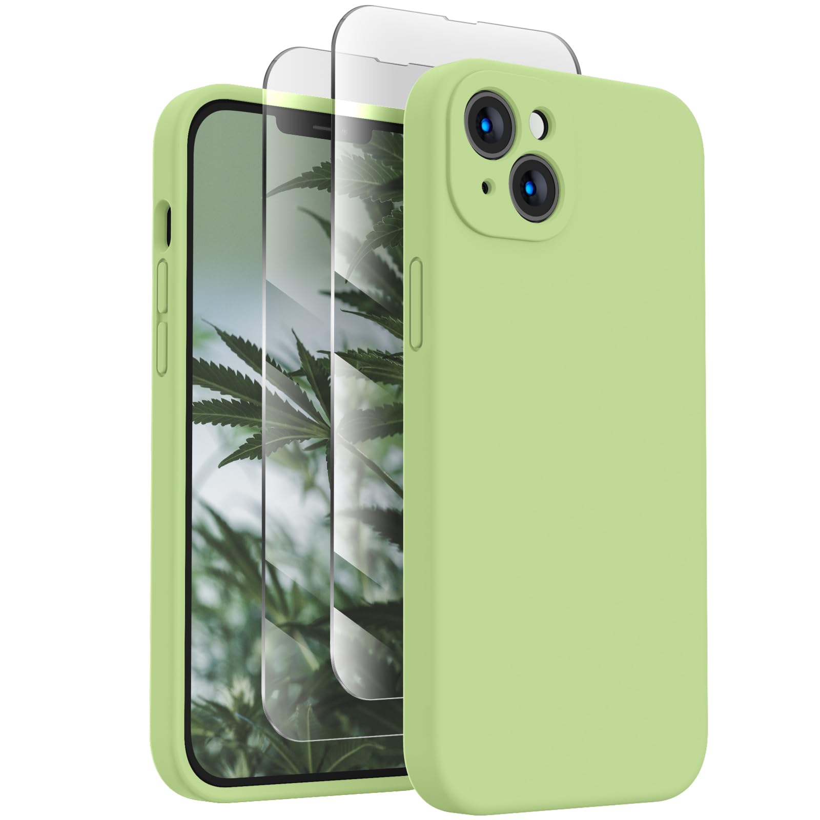 FireNova Funda para iPhone 14, silicona mejorada [protección de cámara] con [2 protectores de pantalla], forro interior de microfibra suave antiarañazos, 6.1 pulgadas, verde té